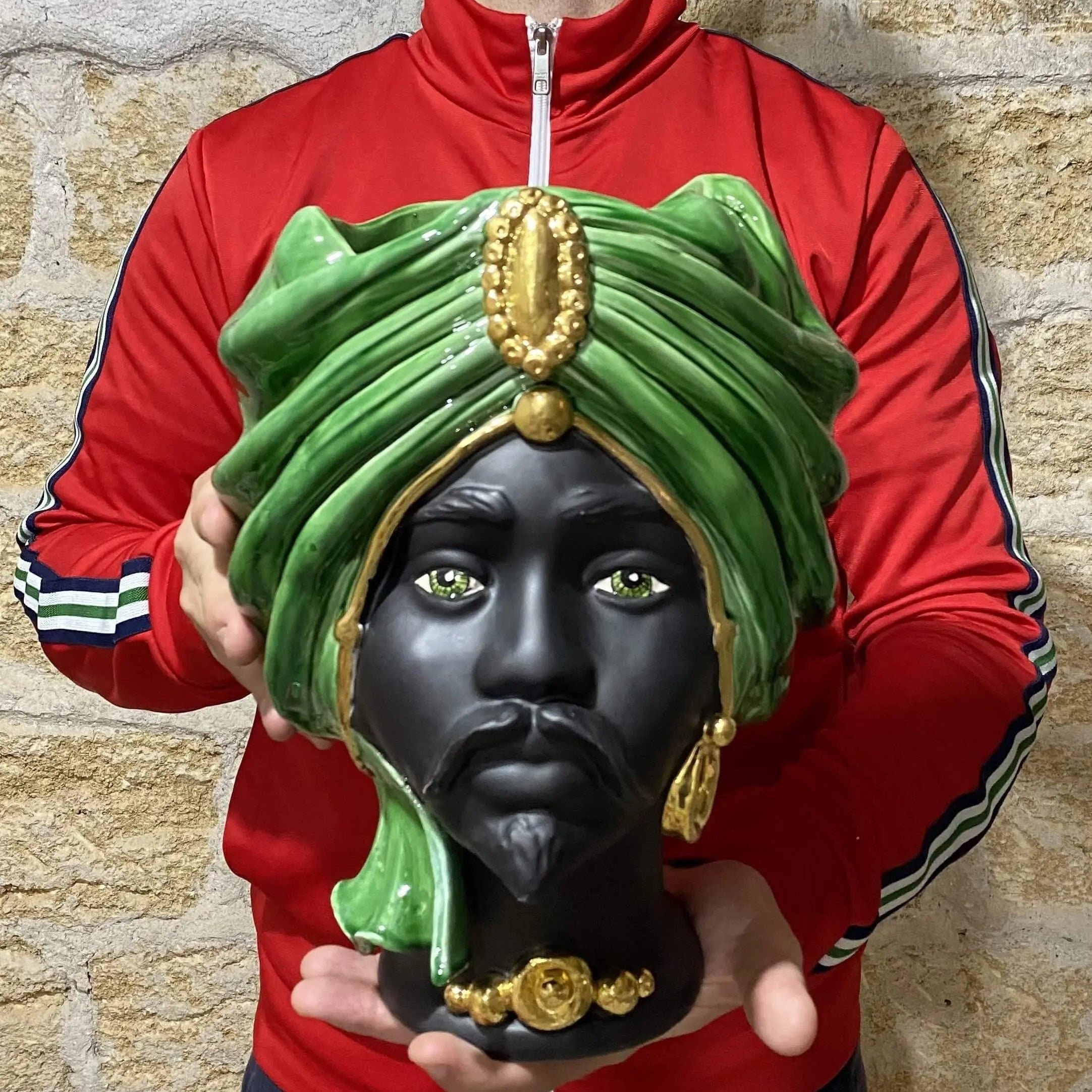 Teste di Moro Atena Ceramica Caltagirone cm H.30 L.23 Artigianale Verde Cristallo Nero Oro DD CERAMICHE SICILIANE