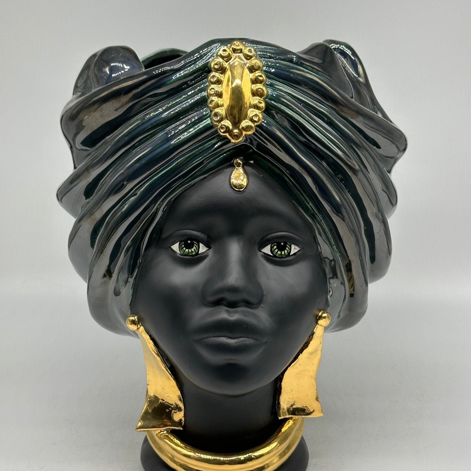 Teste di Moro Atena Ceramica Caltagirone cm H.30 L.23 Artigianale Verde Rame Nero Oro - DD CERAMICHE SICILIANE