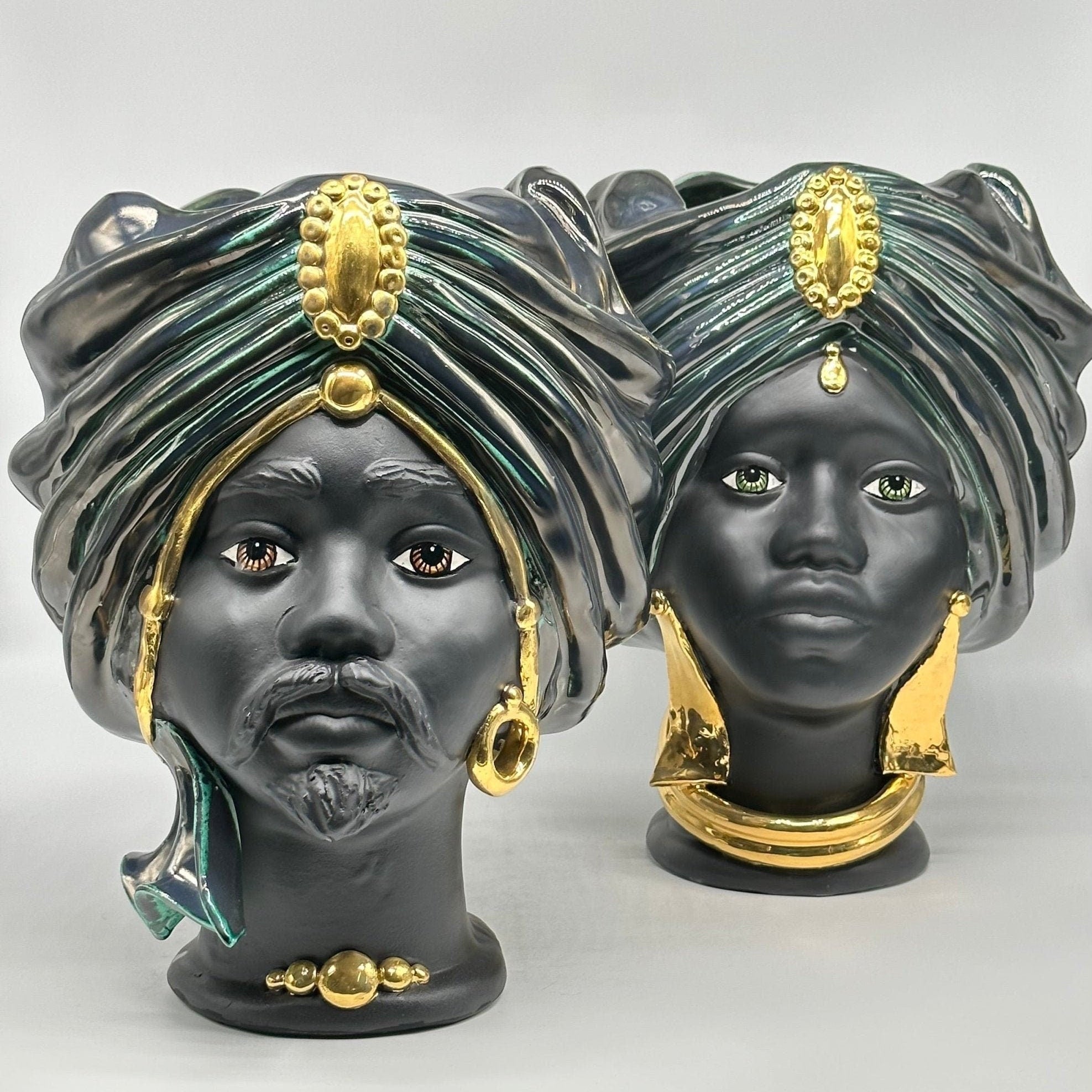 Teste di Moro Atena Ceramica Caltagirone cm H.30 L.23 Artigianale Verde Rame Nero Oro - DD CERAMICHE SICILIANE