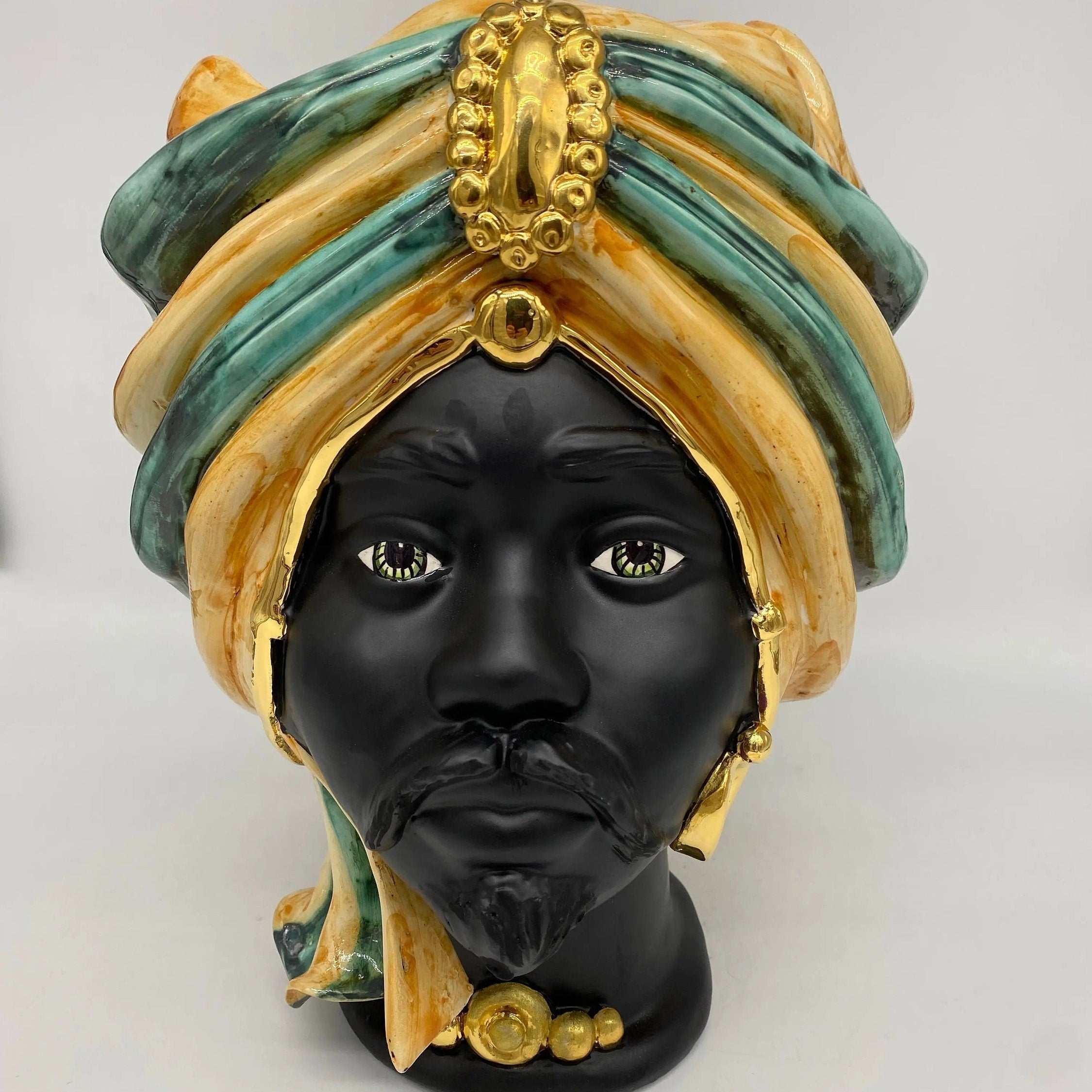 Teste di Moro Atena Ceramica Caltagirone cm H.30 L.23 Artigianale Ocra Verde Nero Oro DD CERAMICHE SICILIANE