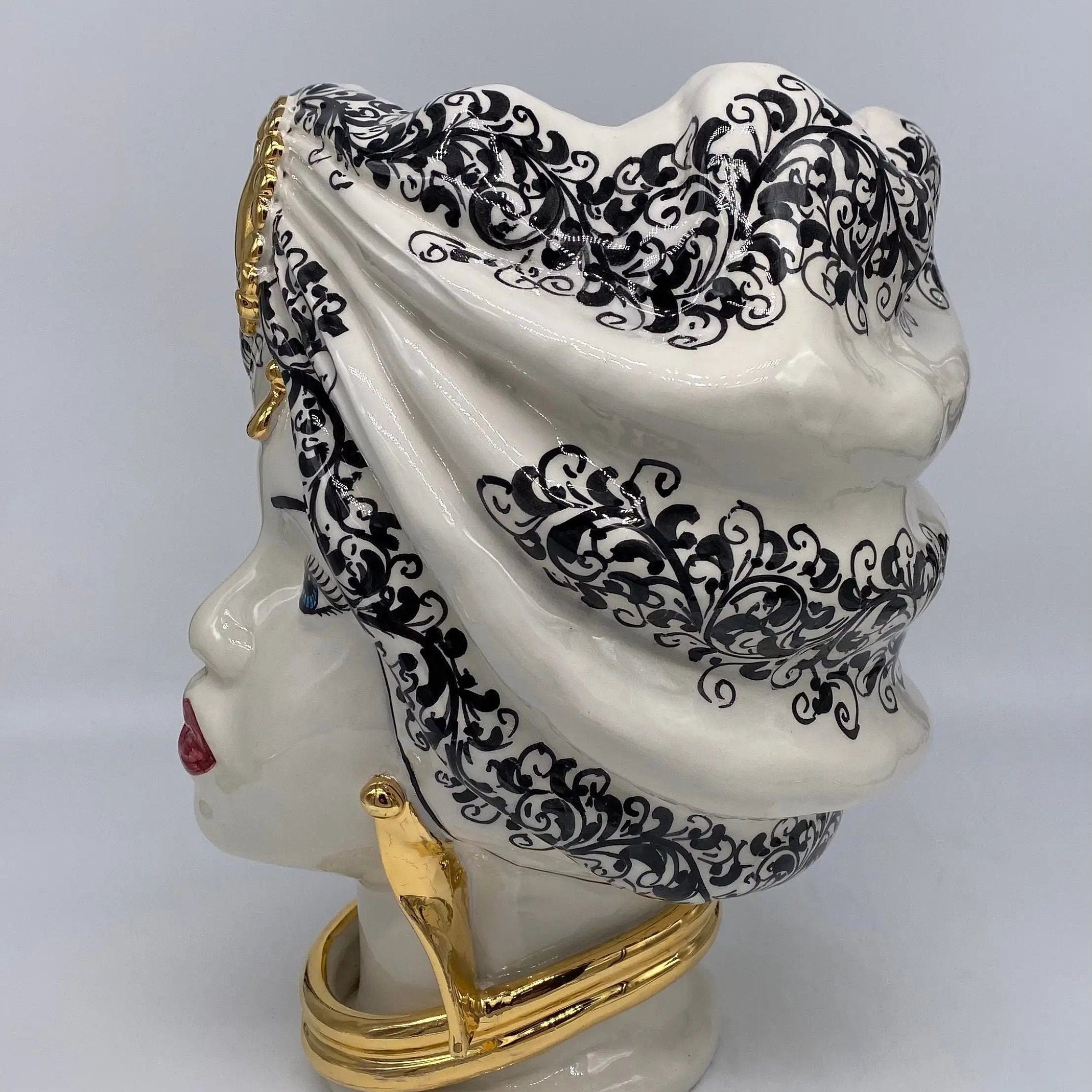 Teste di Moro Atena Ceramica Caltagirone cm H.30 L.23 Artigianale Opaco Bianco Barocco Oro DD CERAMICHE SICILIANE