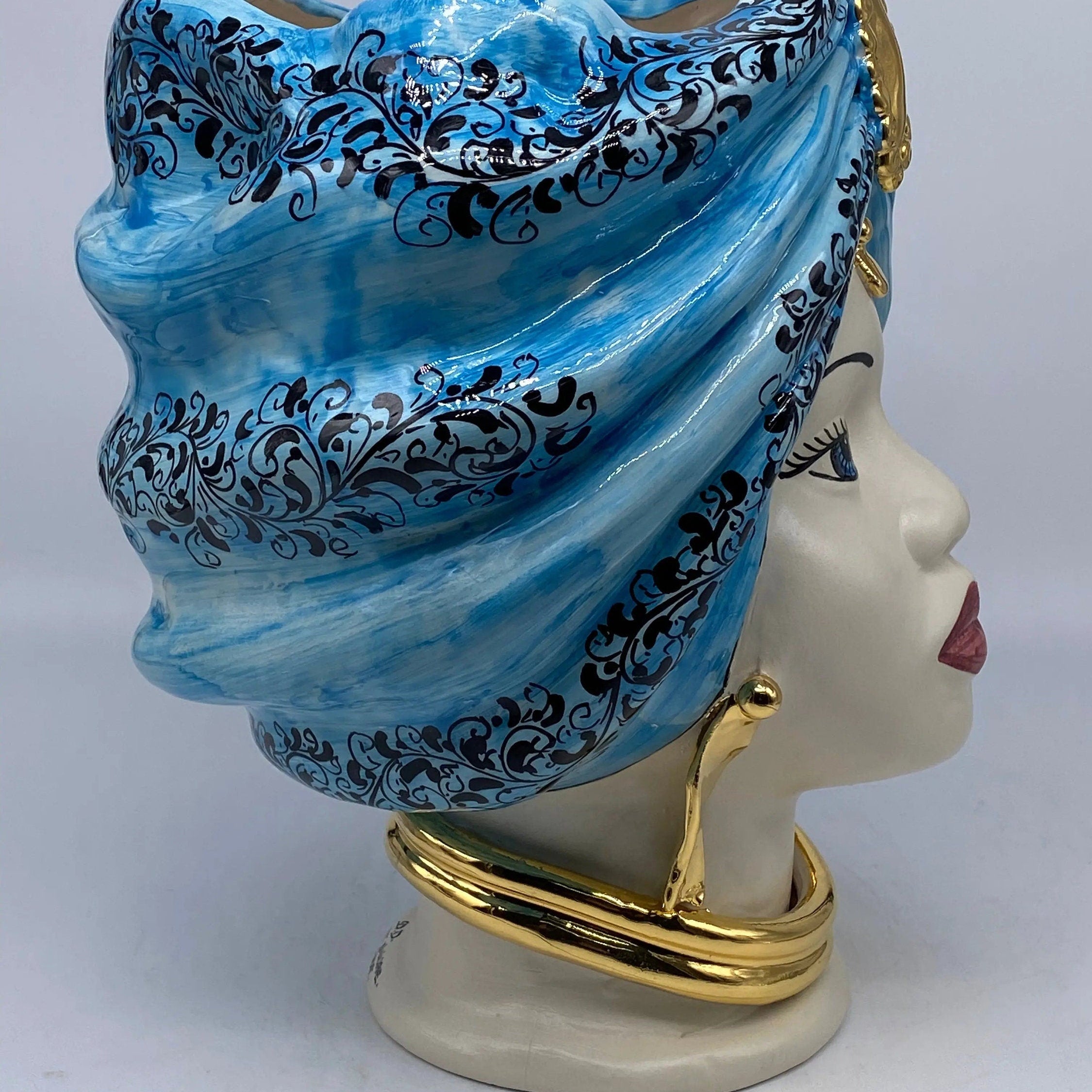 Teste di Moro Atena Ceramica Caltagirone cm H.30 L.23 Artigianale Opaco Celeste Barocco Oro DD CERAMICHE SICILIANE