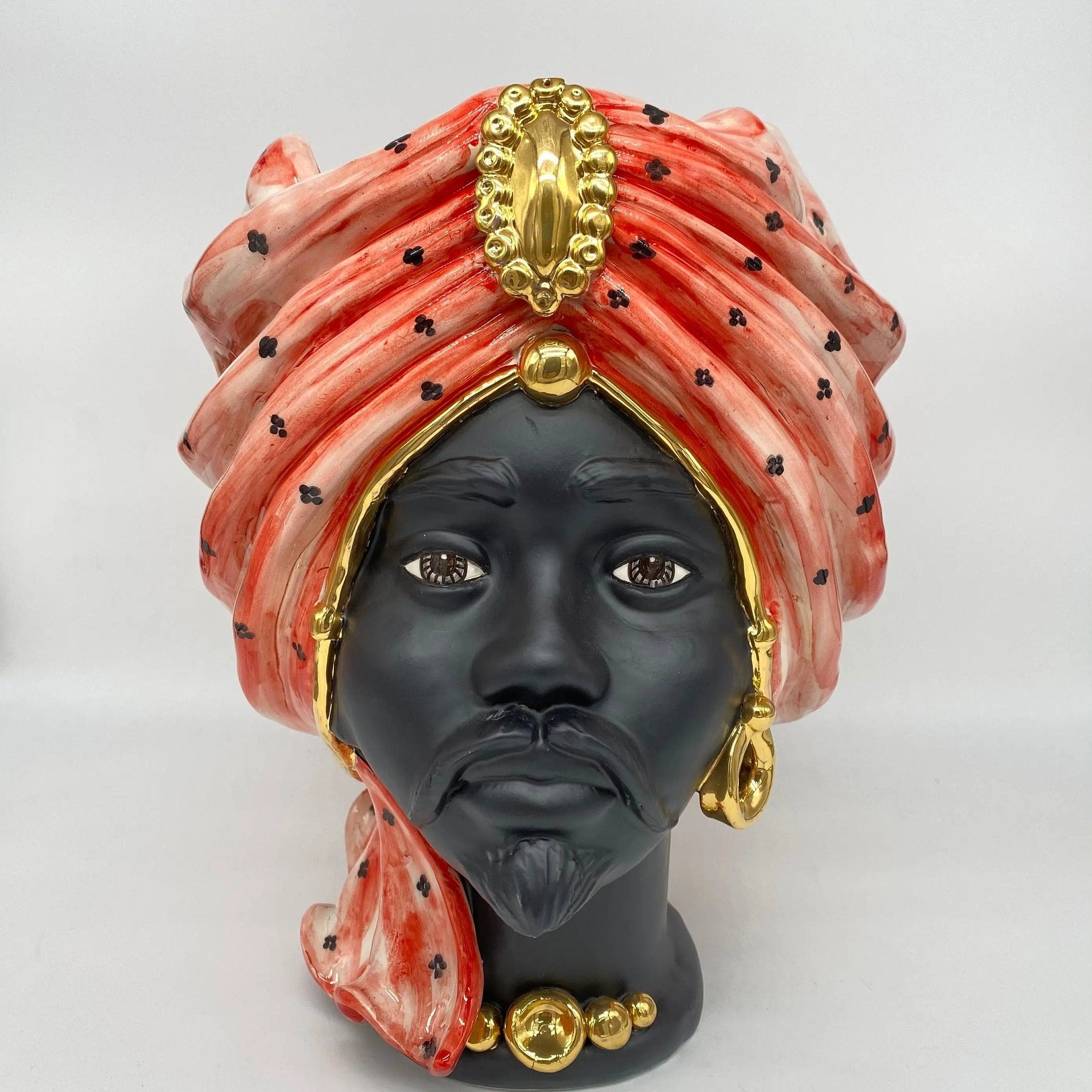Teste di Moro Atena Ceramica Caltagirone cm H.30 L.23 Artigianale Rosso Pois Nero Oro DD CERAMICHE SICILIANE