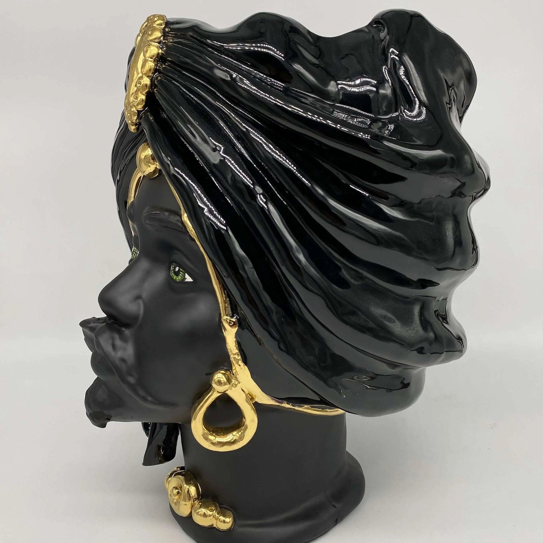 Teste di Moro Atena Ceramica Caltagirone cm H.30 L.23 Artigianale Nero Oro DD CERAMICHE SICILIANE