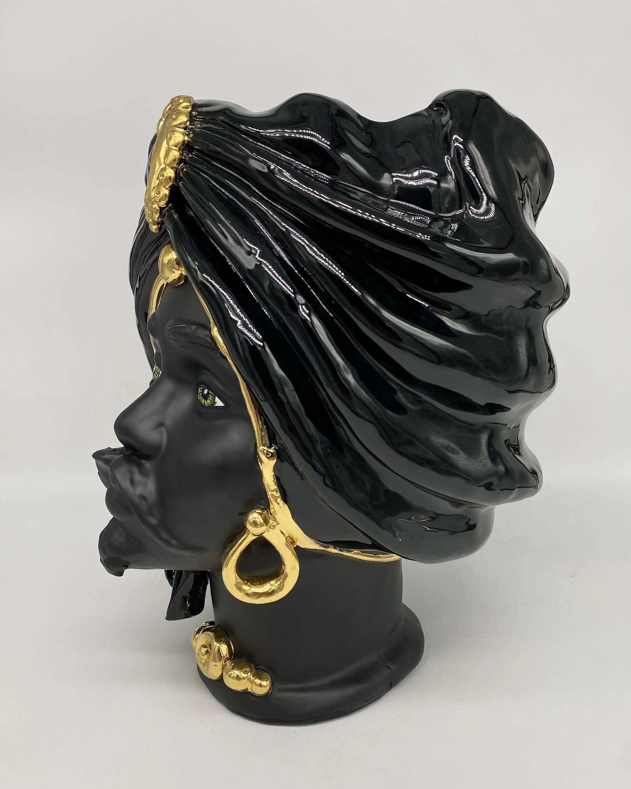 Teste di Moro Atena Ceramica Caltagirone cm H.30 L.23 Artigianale Nero Oro DD CERAMICHE SICILIANE