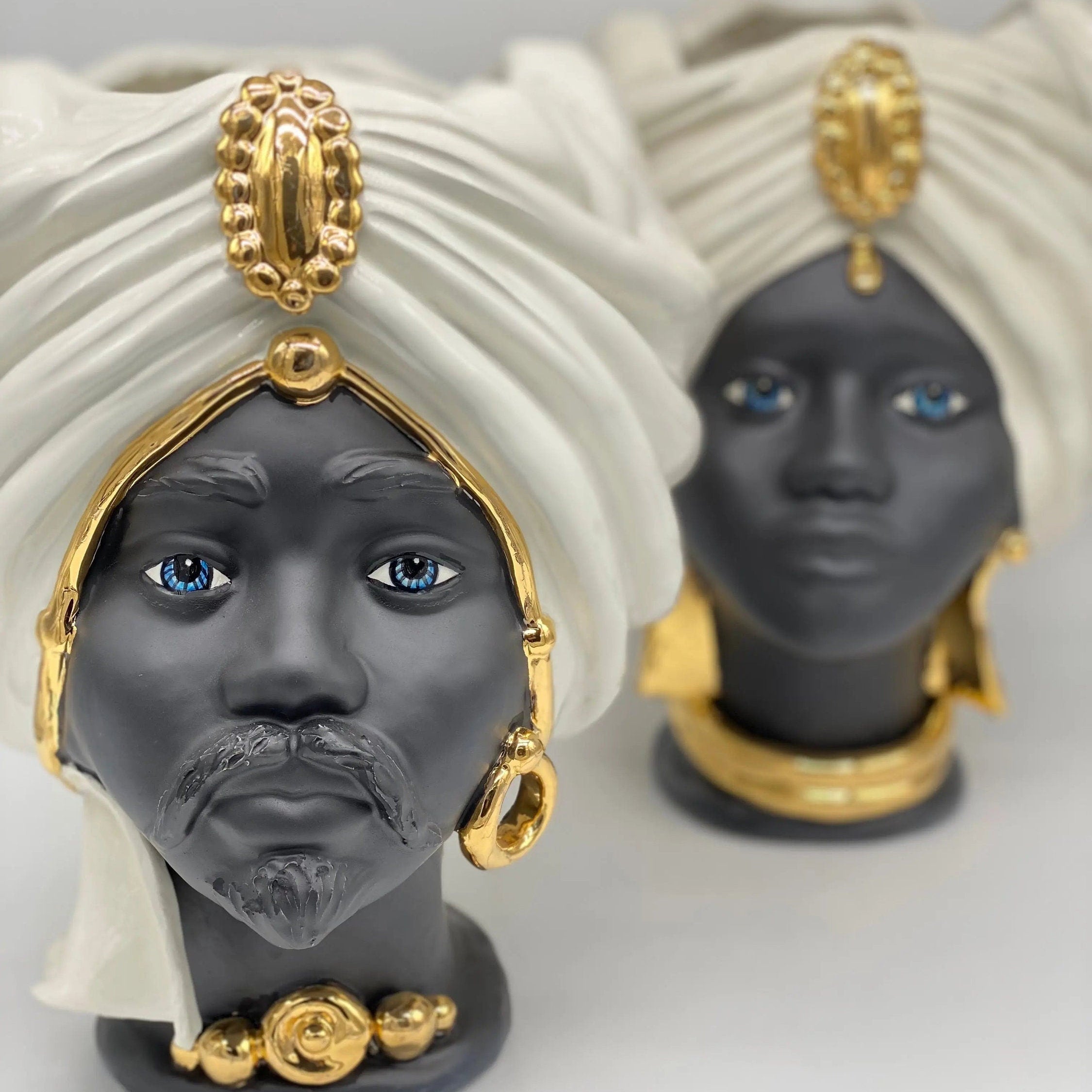 Teste di Moro Atena Ceramica Caltagirone cm H.30 L.23 Artigianale Bianco Nero Oro DD CERAMICHE SICILIANE