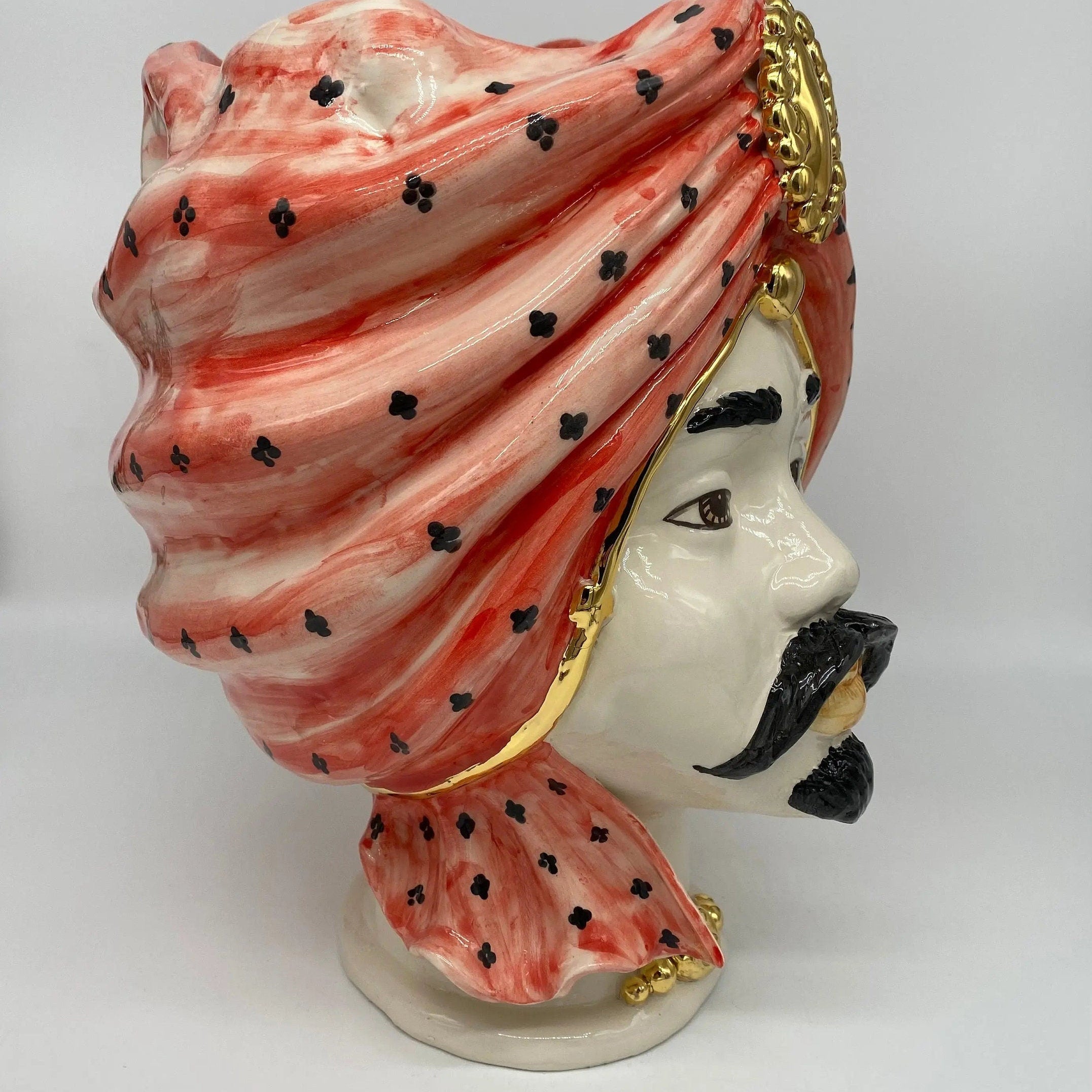 Teste di Moro Atena Ceramica Caltagirone cm H.30 L.23 Artigianale Rosso Pois Oro DD CERAMICHE SICILIANE