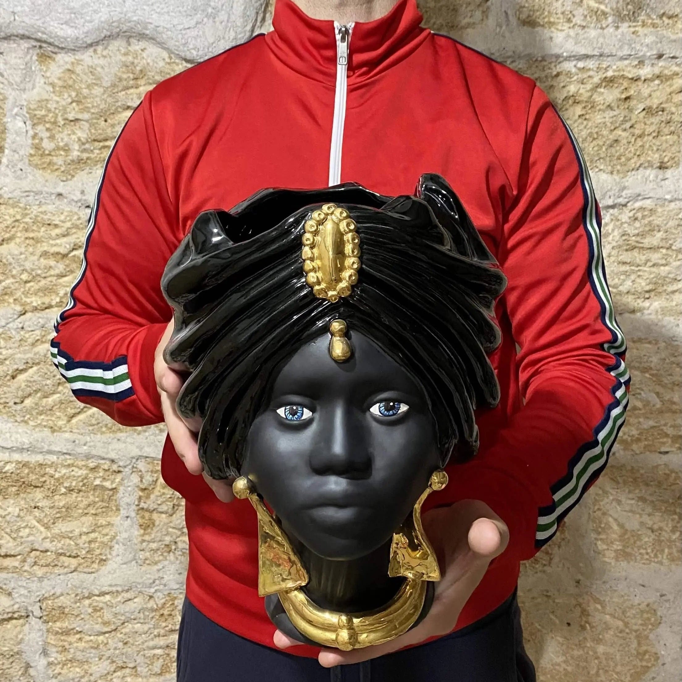 Teste di Moro Atena Ceramica Caltagirone cm H.30 L.23 Artigianale Nero Oro DD CERAMICHE SICILIANE