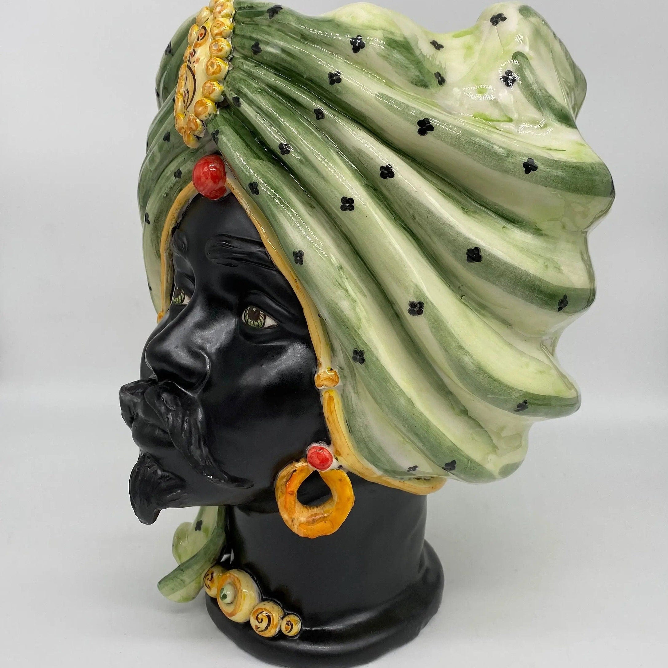 Teste di Moro Atena Ceramica Caltagirone cm H.30 L.23 Artigianale Verde Pois Nero Giallo DD CERAMICHE SICILIANE