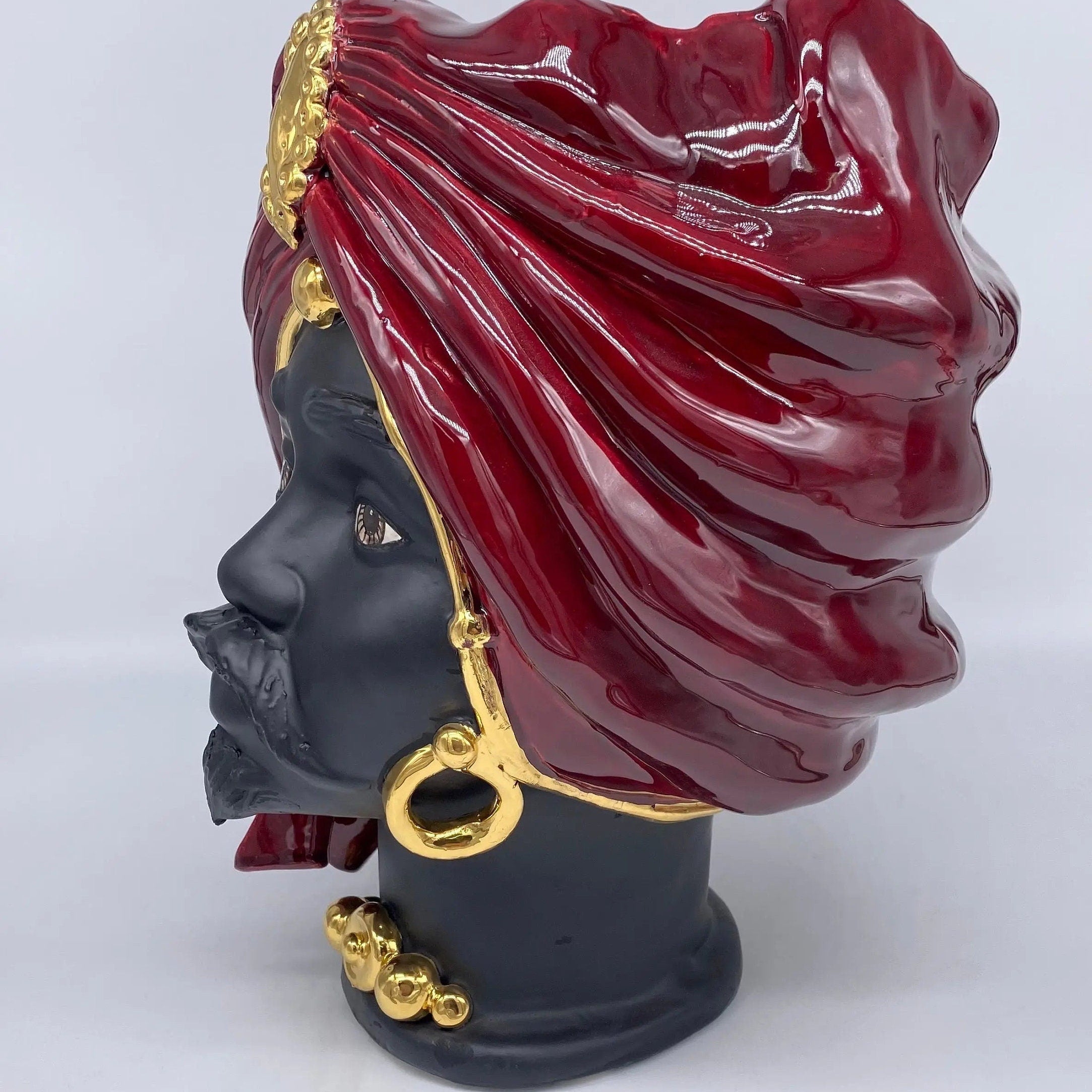 Teste di Moro Atena Ceramica Caltagirone cm H.30 L.23 Artigianale Bordeaux Nero Oro DD CERAMICHE SICILIANE