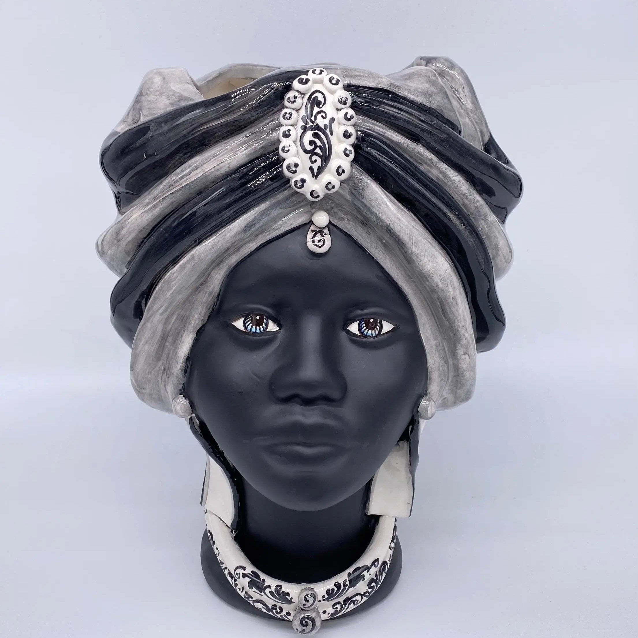 Teste di Moro Atena Ceramica Caltagirone cm H.30 L.23 Artigianale Grigio Nero DD CERAMICHE SICILIANE