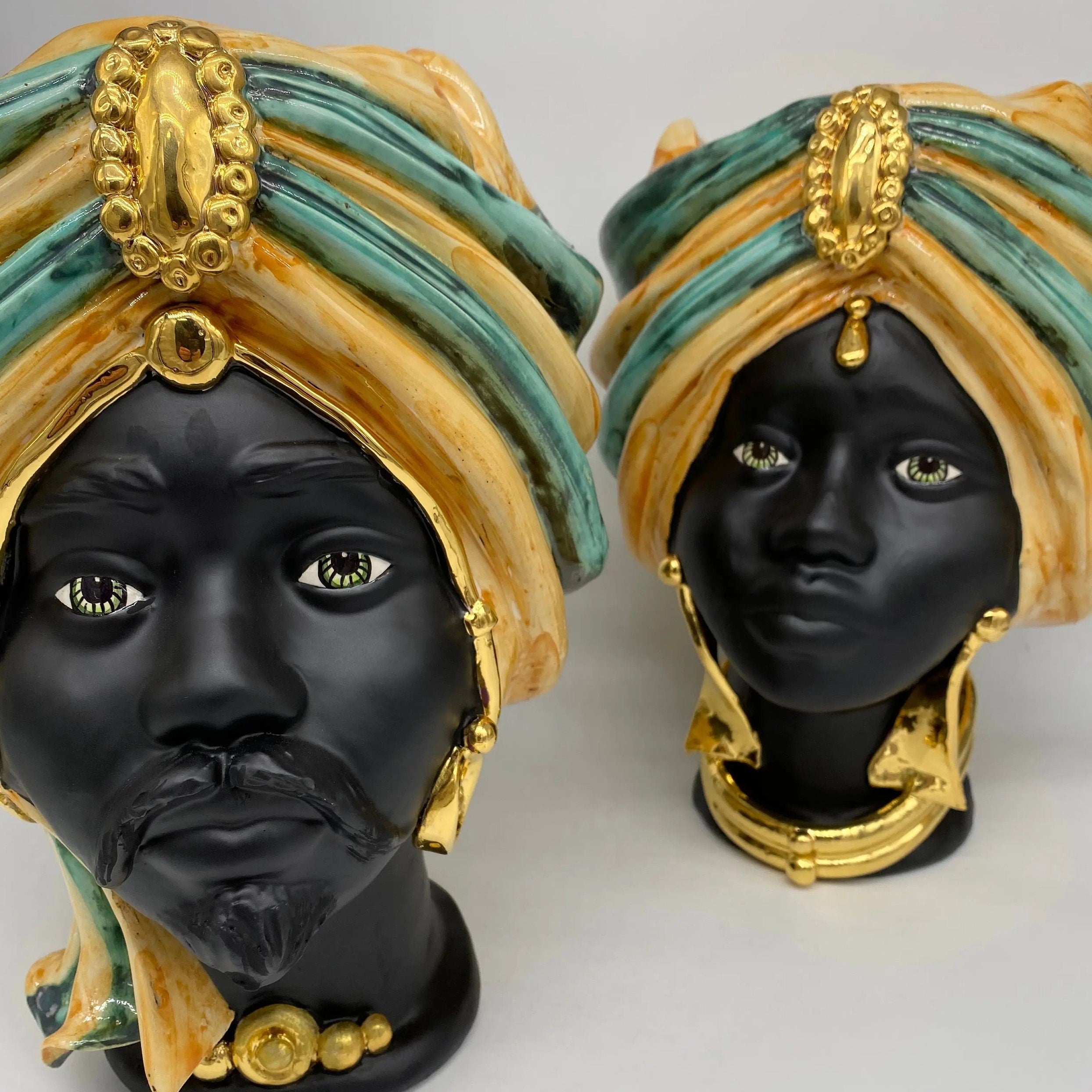 Teste di Moro Atena Ceramica Caltagirone cm H.30 L.23 Artigianale Ocra Verde Nero Oro DD CERAMICHE SICILIANE