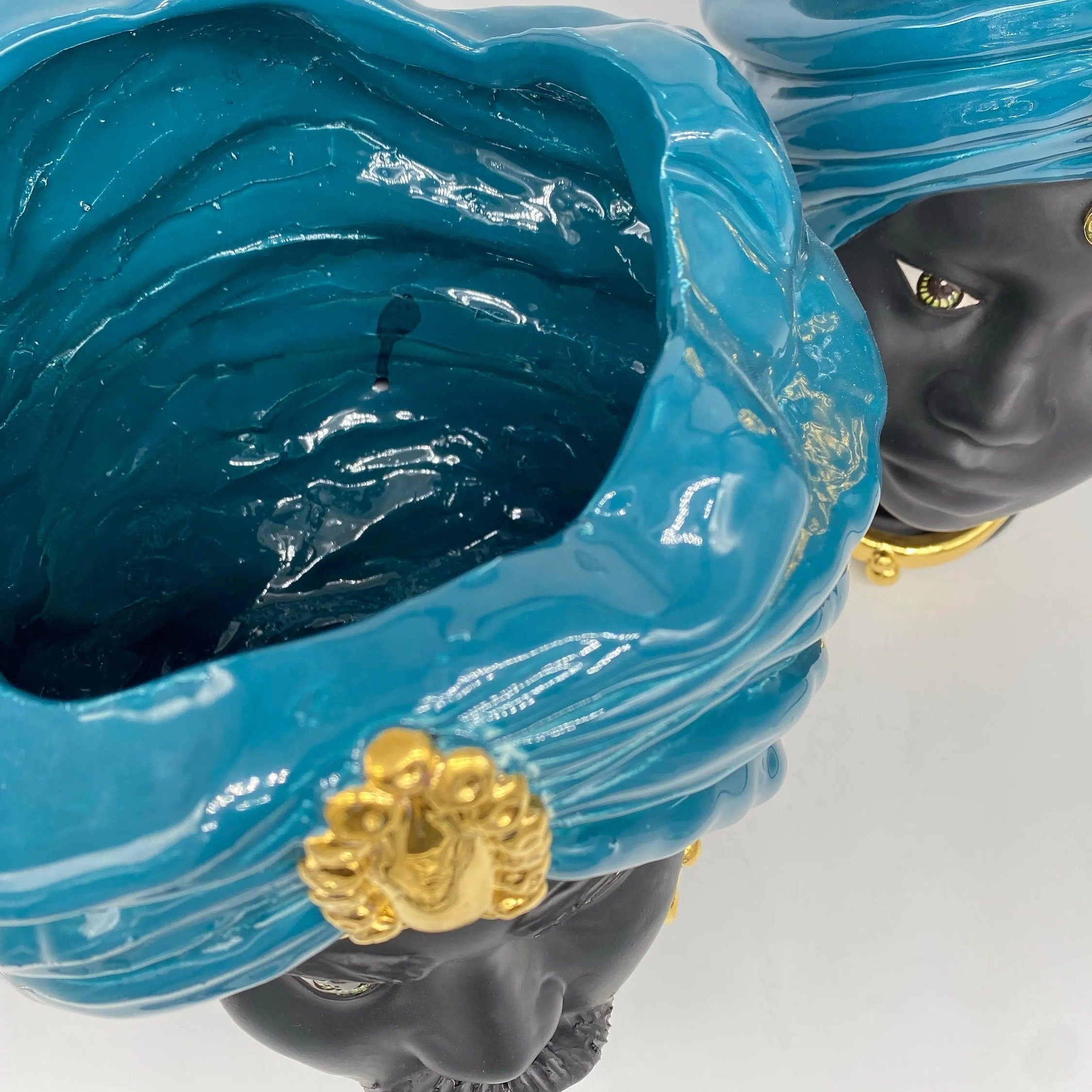 Teste di Moro Atena Ceramica Caltagirone cm H.30 L.23 Artigianale Verde Ottanio Nero Oro DD CERAMICHE SICILIANE