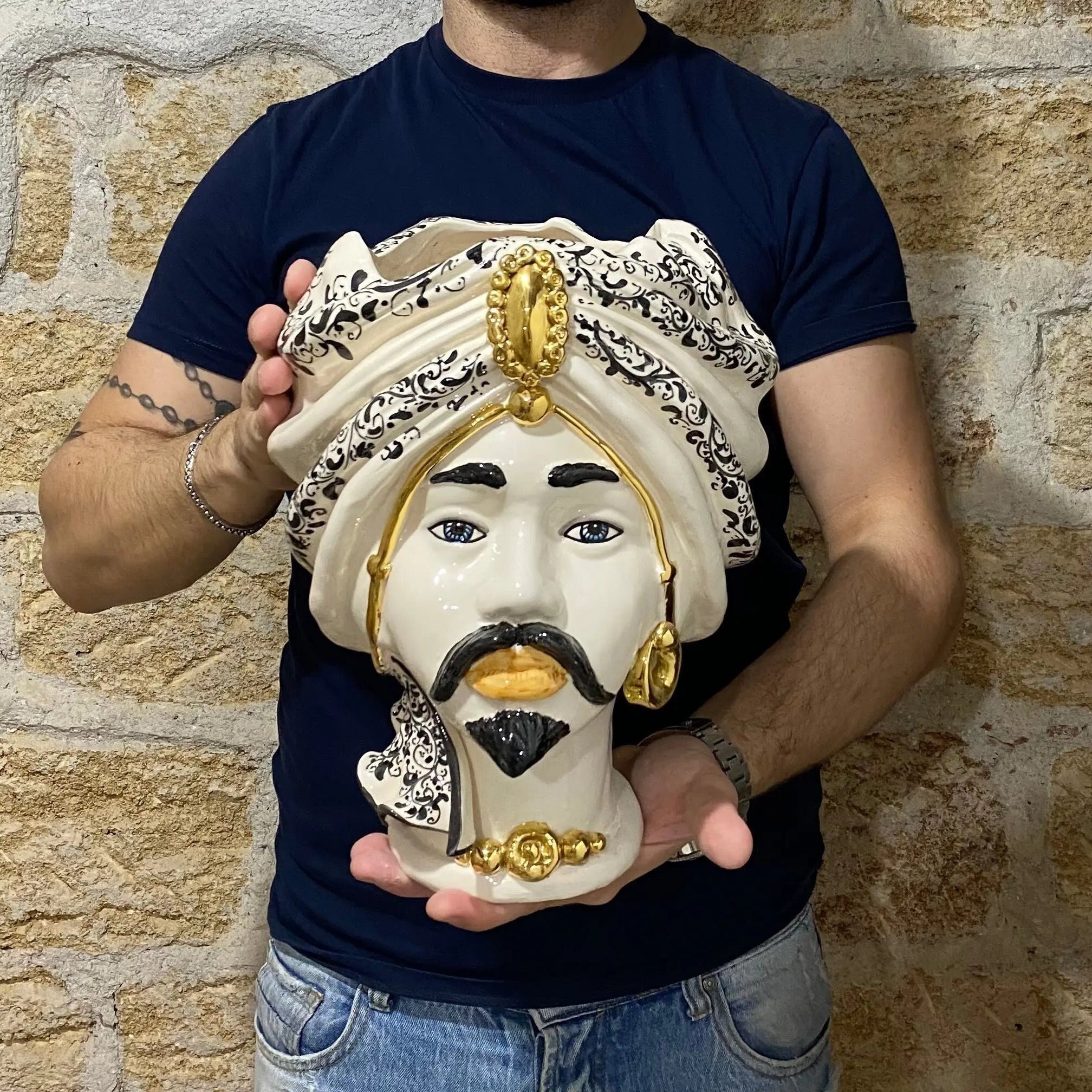 Teste di Moro Atena Ceramica Caltagirone cm H.30 L.23 Artigianale Bianco Decoro Barocco Oro DD CERAMICHE SICILIANE