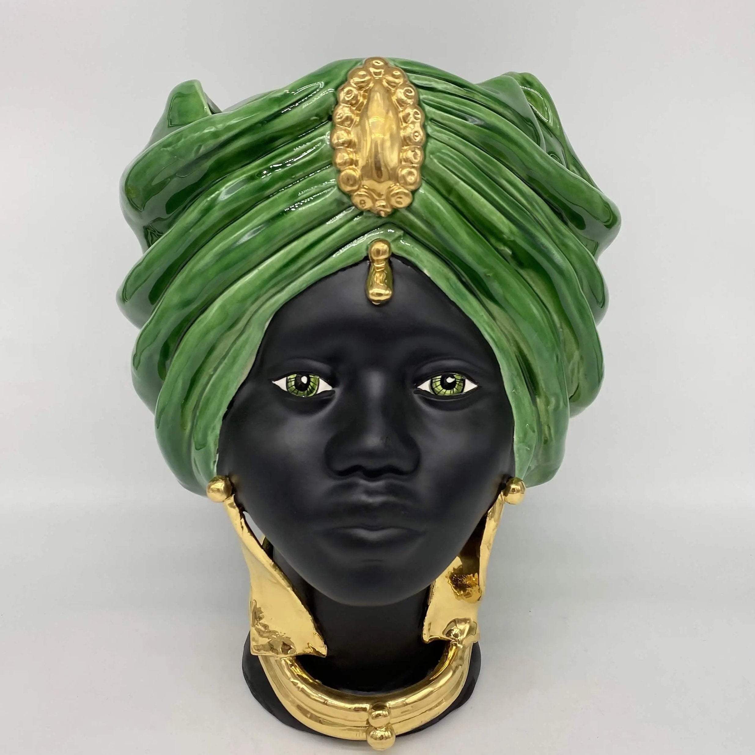 Teste di Moro Atena Ceramica Caltagirone cm H.30 L.23 Artigianale Verde Cristallo Nero Oro DD CERAMICHE SICILIANE