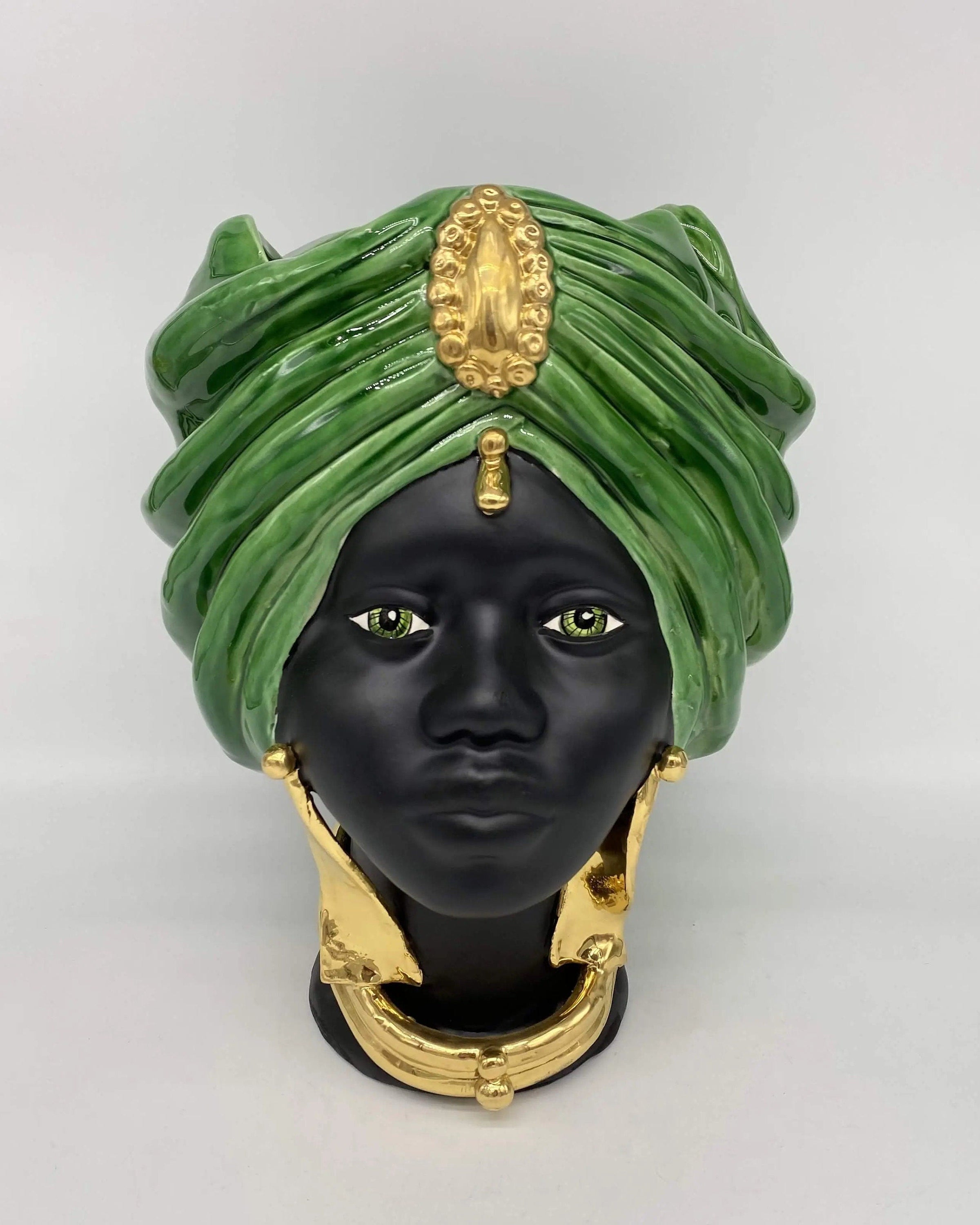 Teste di Moro Atena Ceramica Caltagirone cm H.30 L.23 Artigianale Verde Cristallo Nero Oro DD CERAMICHE SICILIANE