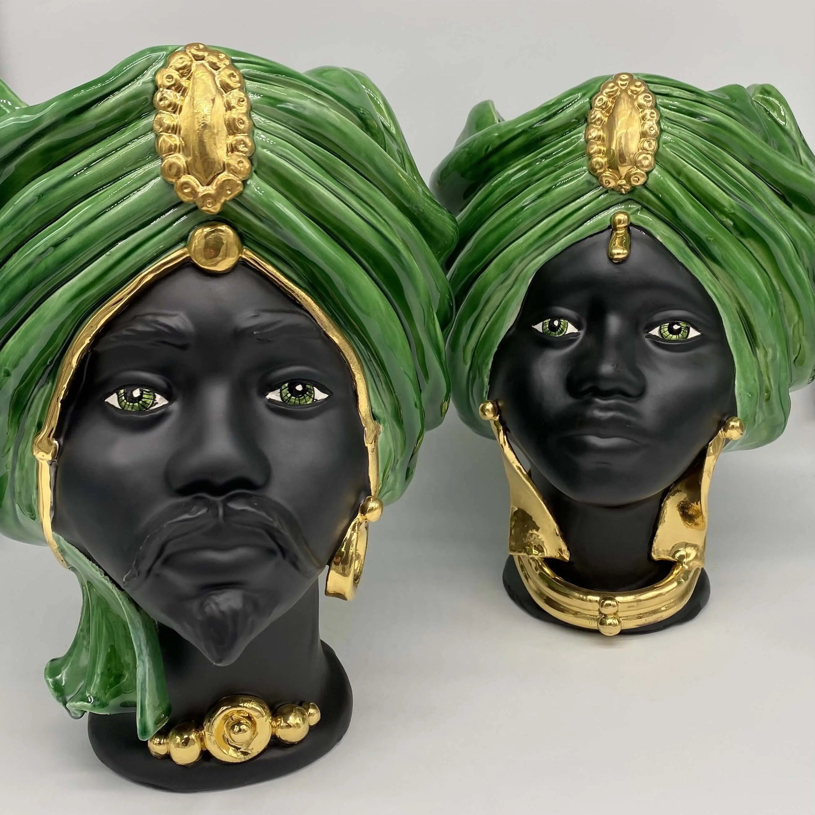 Teste di Moro Atena Ceramica Caltagirone cm H.30 L.23 Artigianale Verde Cristallo Nero Oro DD CERAMICHE SICILIANE