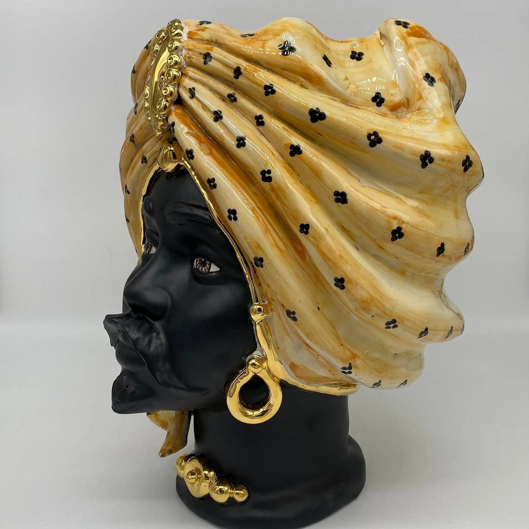 Teste di Moro Atena Ceramica Caltagirone cm H.30 L.23 Artigianale Arancio Pois Nero Oro DD CERAMICHE SICILIANE
