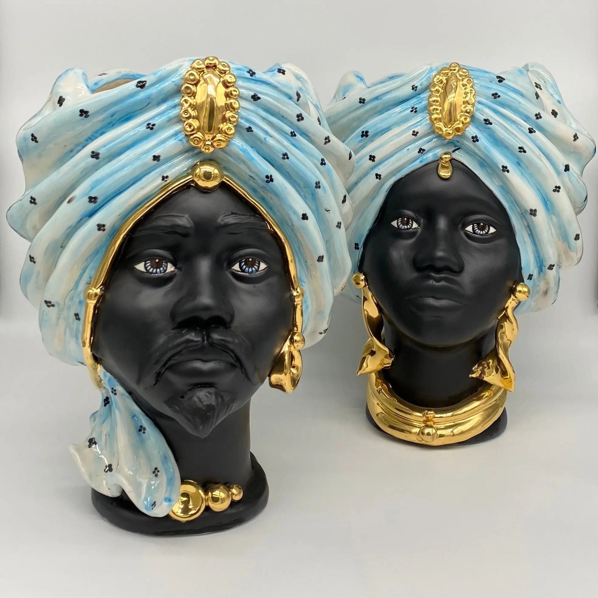 Teste di Moro Atena Ceramica Caltagirone cm H.30 L.23 Artigianale Celeste Pois Nero Oro DD CERAMICHE SICILIANE