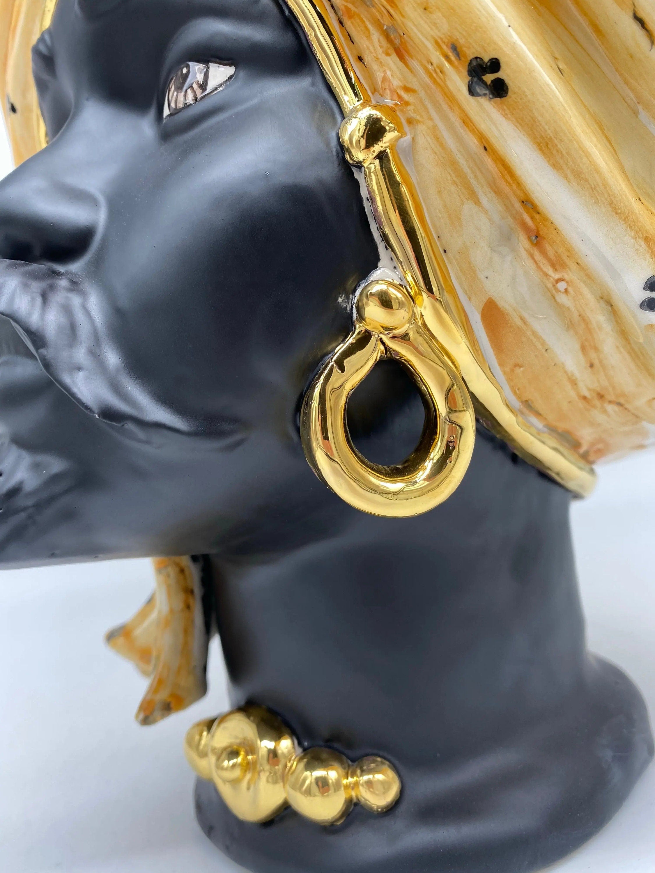 Teste di Moro Atena Ceramica Caltagirone cm H.30 L.23 Artigianale Arancio Pois Nero Oro DD CERAMICHE SICILIANE