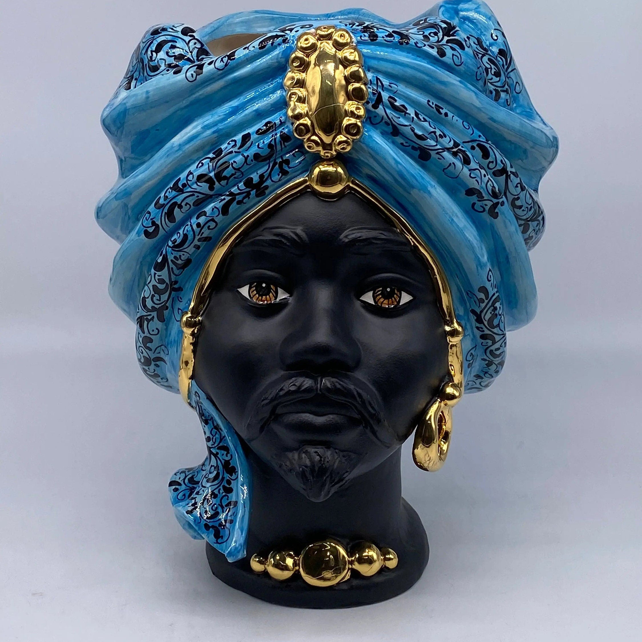 Teste di Moro Atena Ceramica Caltagirone cm H.30 L.23 Artigianale Opaco Celeste Barocco Oro DD CERAMICHE SICILIANE
