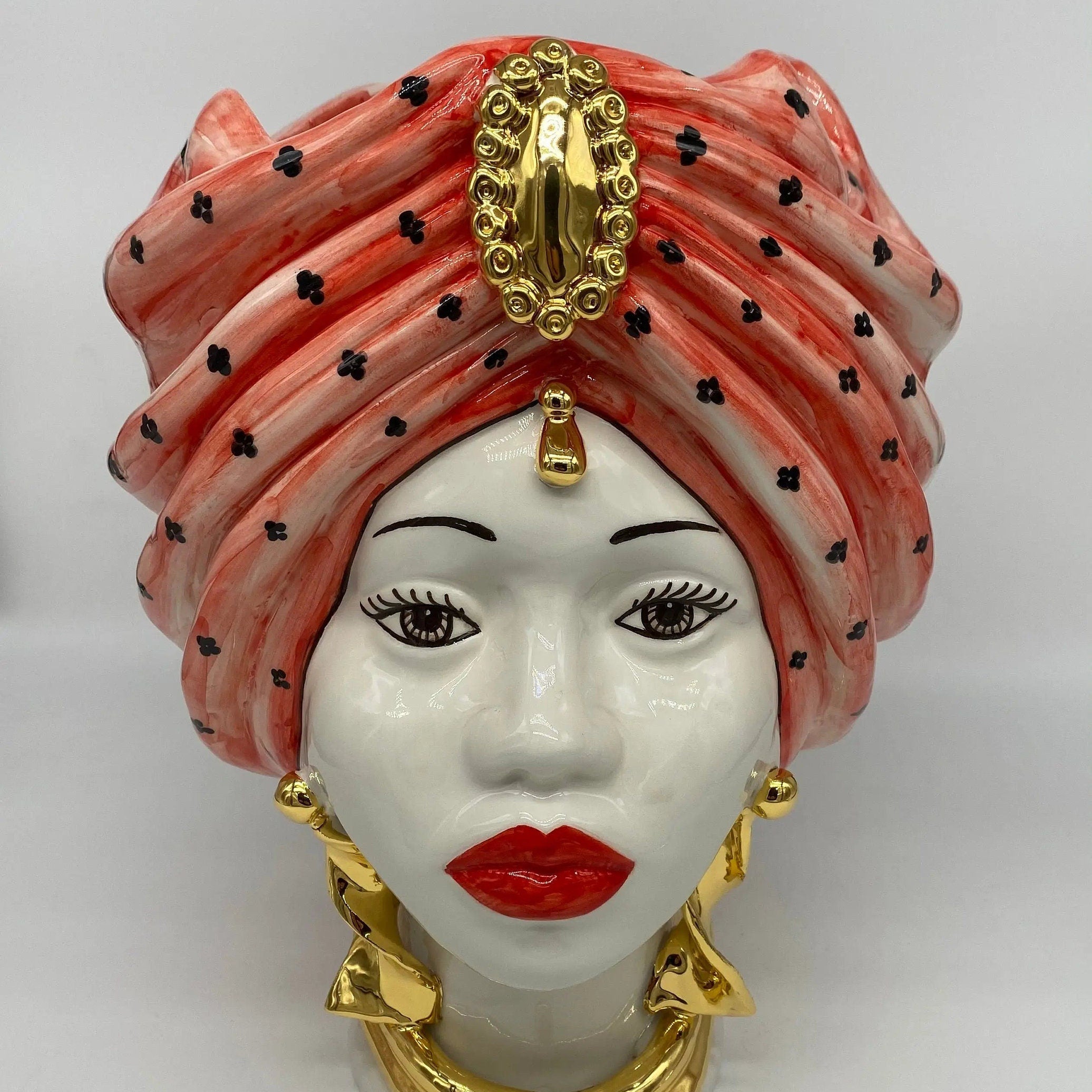 Teste di Moro Atena Ceramica Caltagirone cm H.30 L.23 Artigianale Rosso Pois Oro DD CERAMICHE SICILIANE