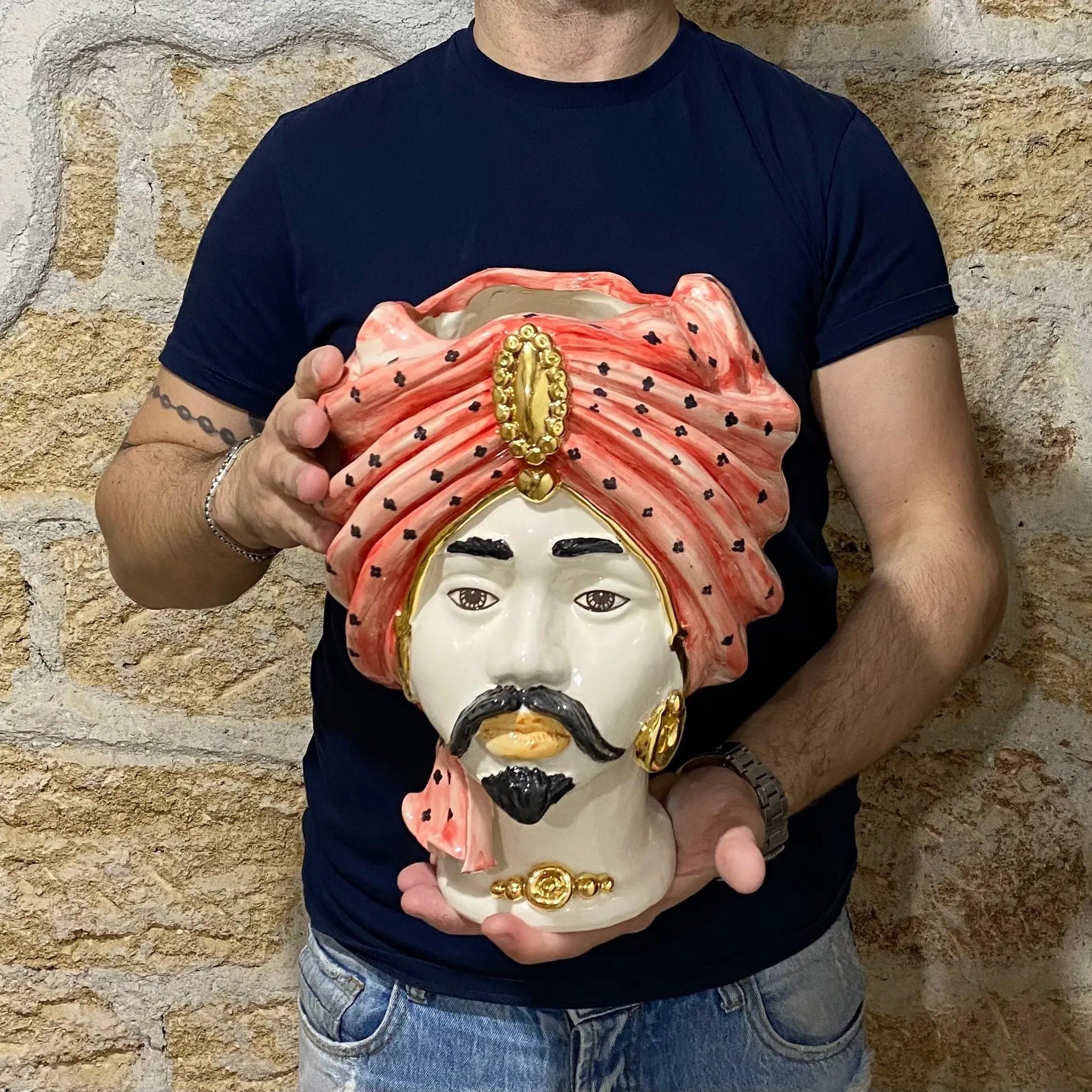 Teste di Moro Atena Ceramica Caltagirone cm H.30 L.23 Artigianale Rosso Pois Oro DD CERAMICHE SICILIANE