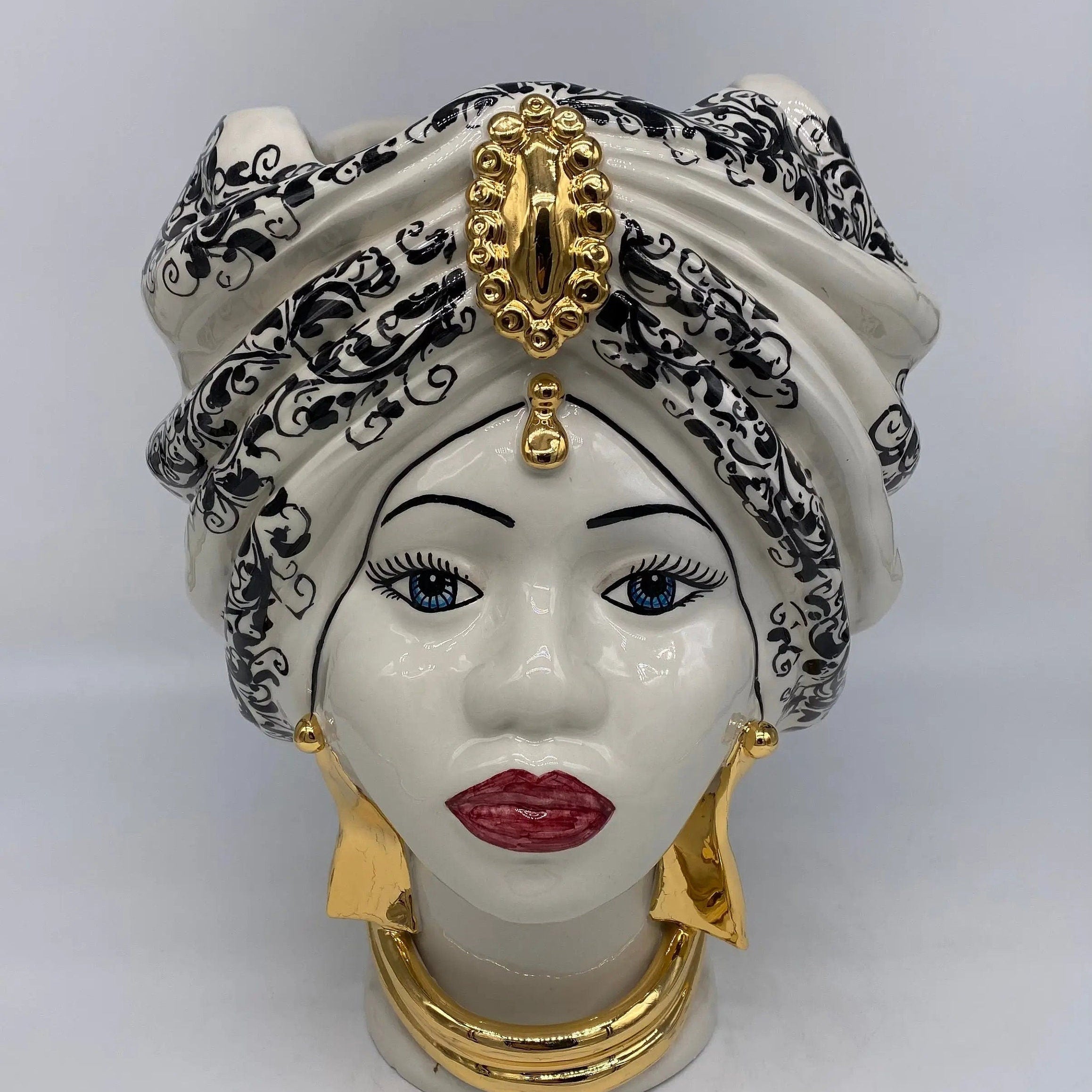 Teste di Moro Atena Ceramica Caltagirone cm H.30 L.23 Artigianale Opaco Bianco Barocco Oro DD CERAMICHE SICILIANE