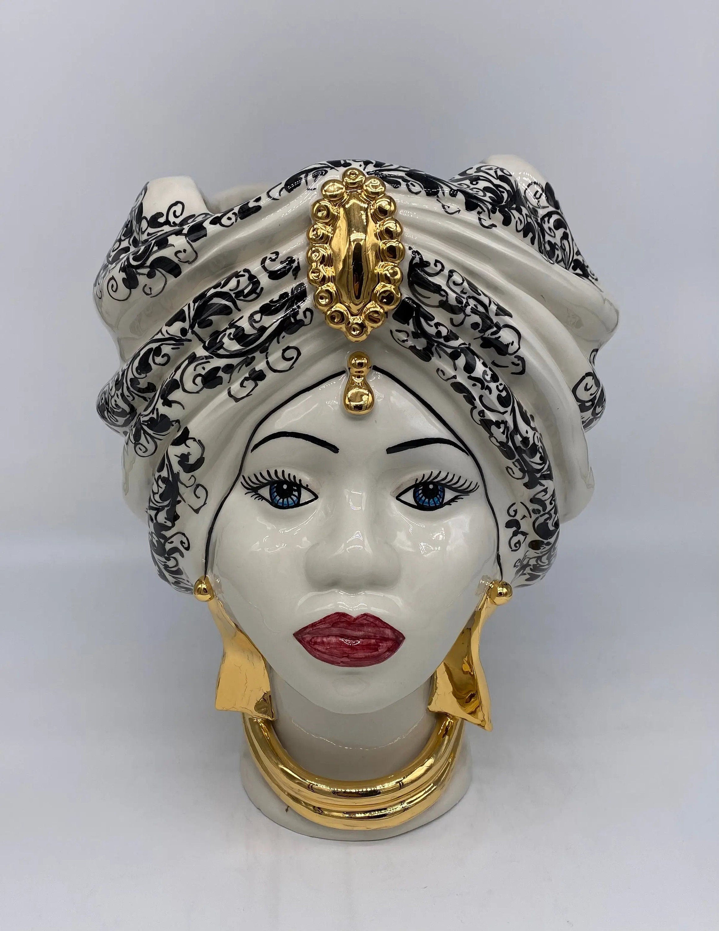 Teste di Moro Atena Ceramica Caltagirone cm H.30 L.23 Artigianale Opaco Bianco Barocco Oro DD CERAMICHE SICILIANE