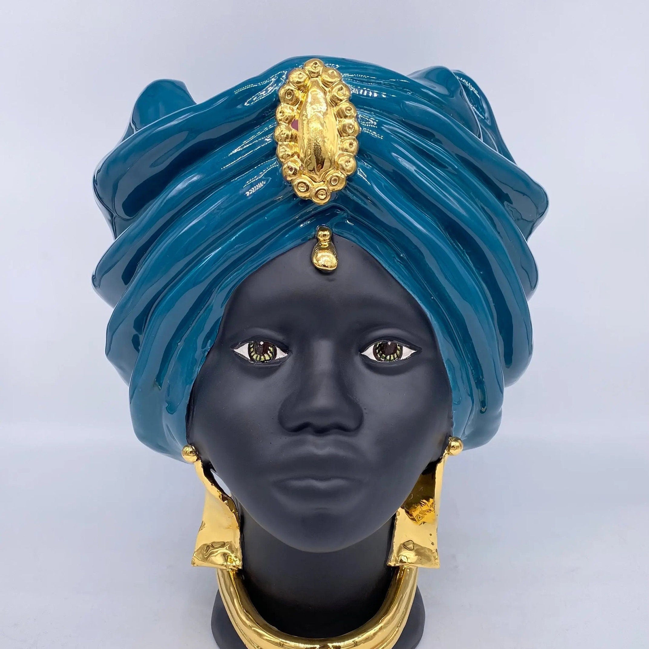 Teste di Moro Atena Ceramica Caltagirone cm H.30 L.23 Artigianale Verde Ottanio Nero Oro DD CERAMICHE SICILIANE