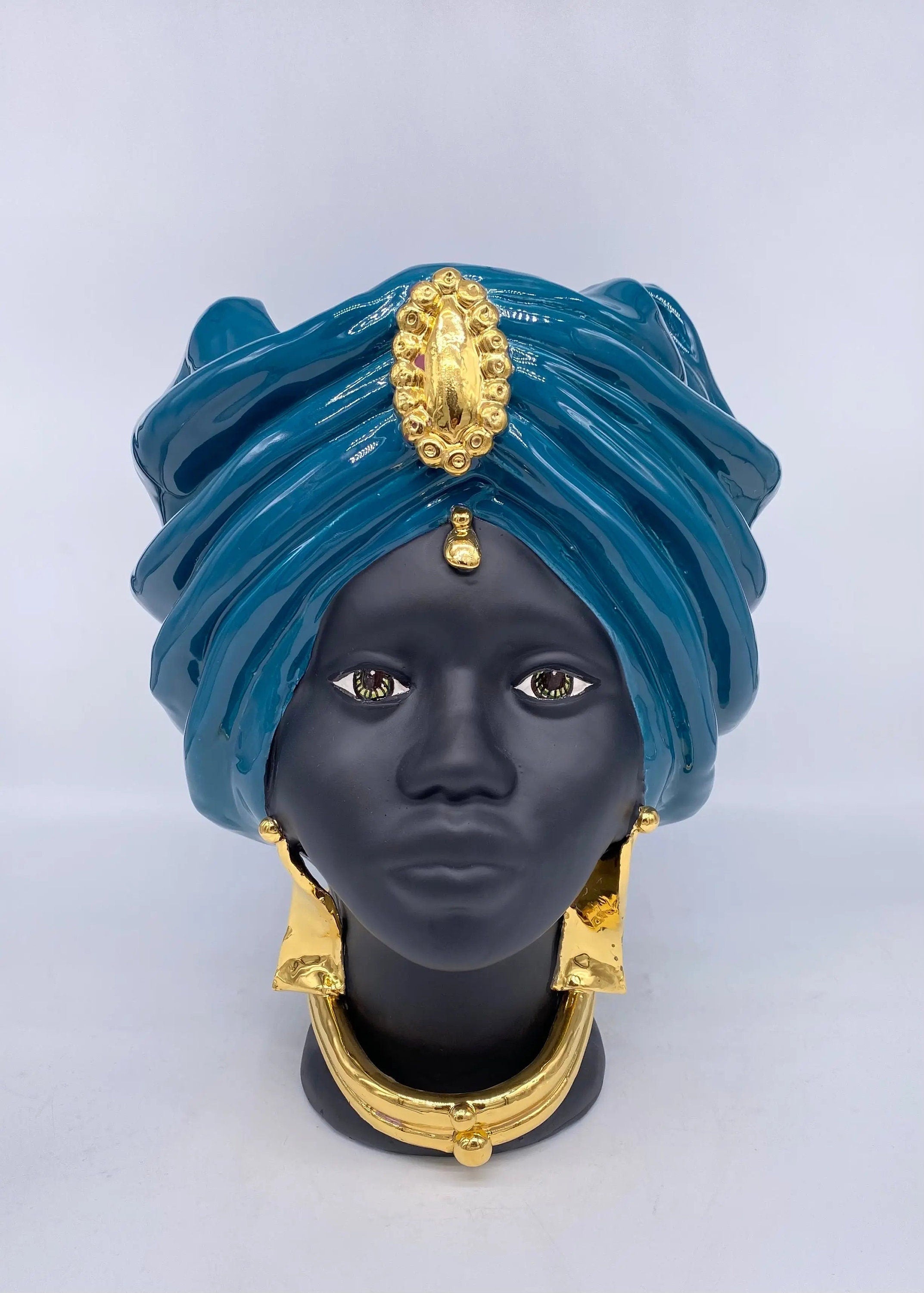 Teste di Moro Atena Ceramica Caltagirone cm H.30 L.23 Artigianale Verde Ottanio Nero Oro DD CERAMICHE SICILIANE