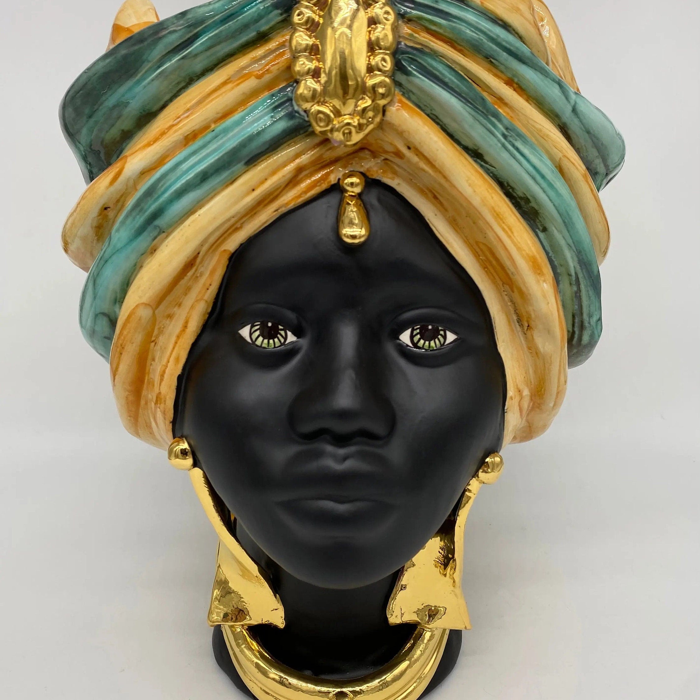 Teste di Moro Atena Ceramica Caltagirone cm H.30 L.23 Artigianale Ocra Verde Nero Oro DD CERAMICHE SICILIANE