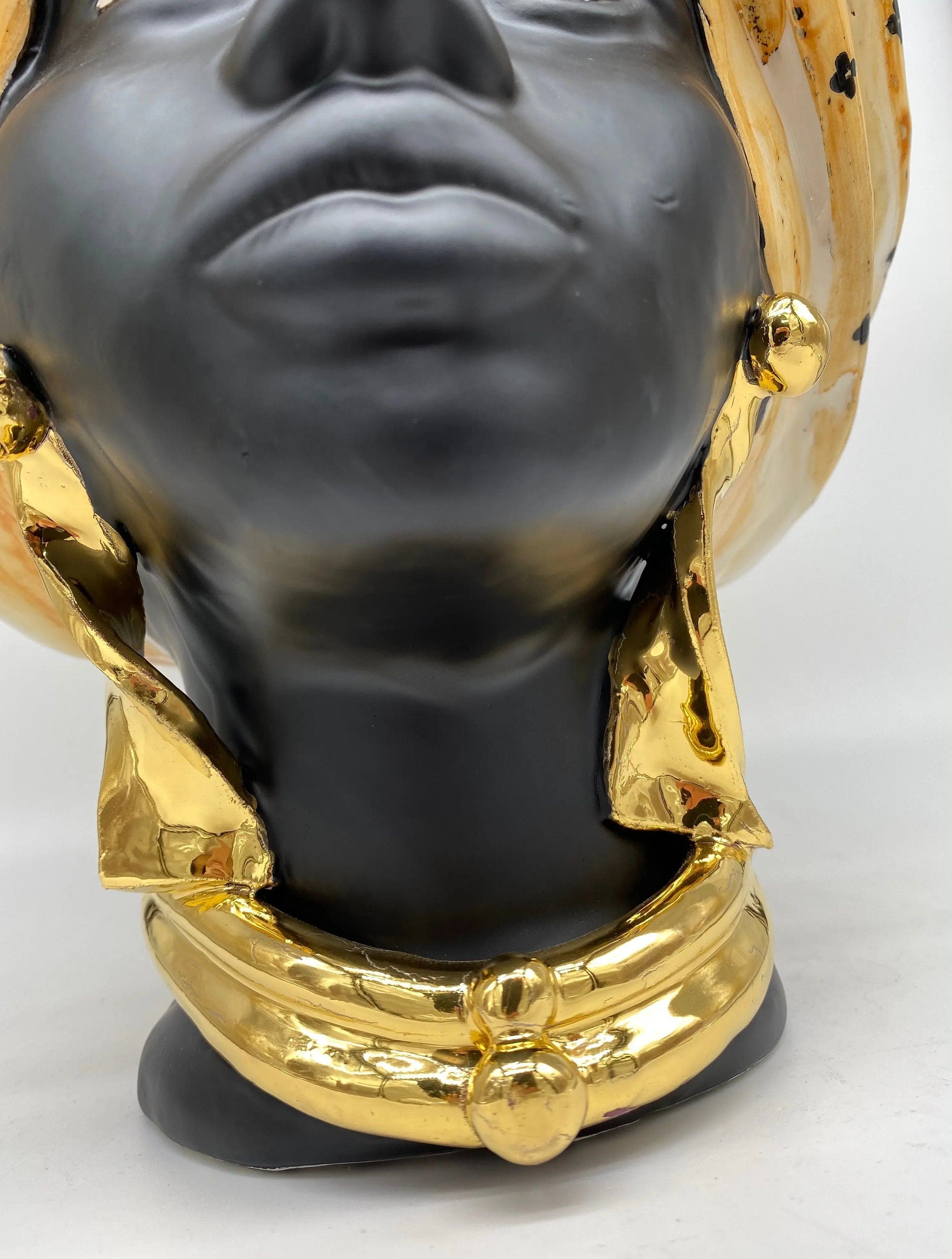 Teste di Moro Atena Ceramica Caltagirone cm H.30 L.23 Artigianale Arancio Pois Nero Oro DD CERAMICHE SICILIANE