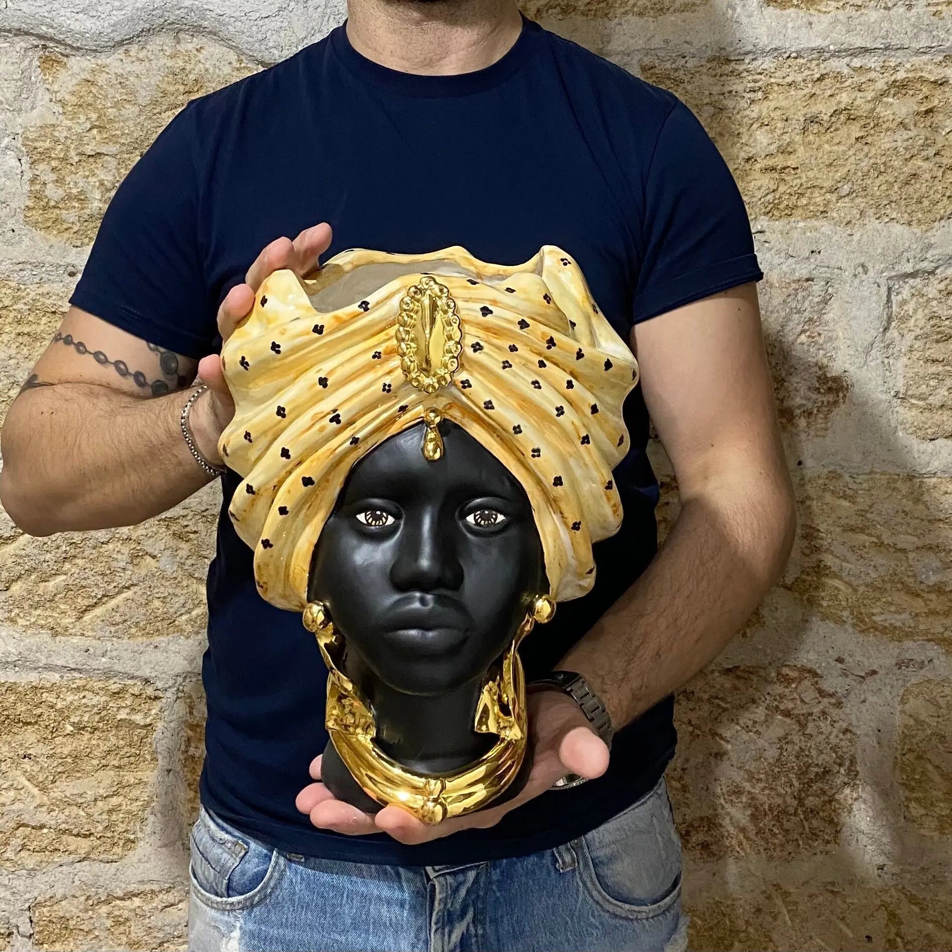 Teste di Moro Atena Ceramica Caltagirone cm H.30 L.23 Artigianale Arancio Pois Nero Oro DD CERAMICHE SICILIANE