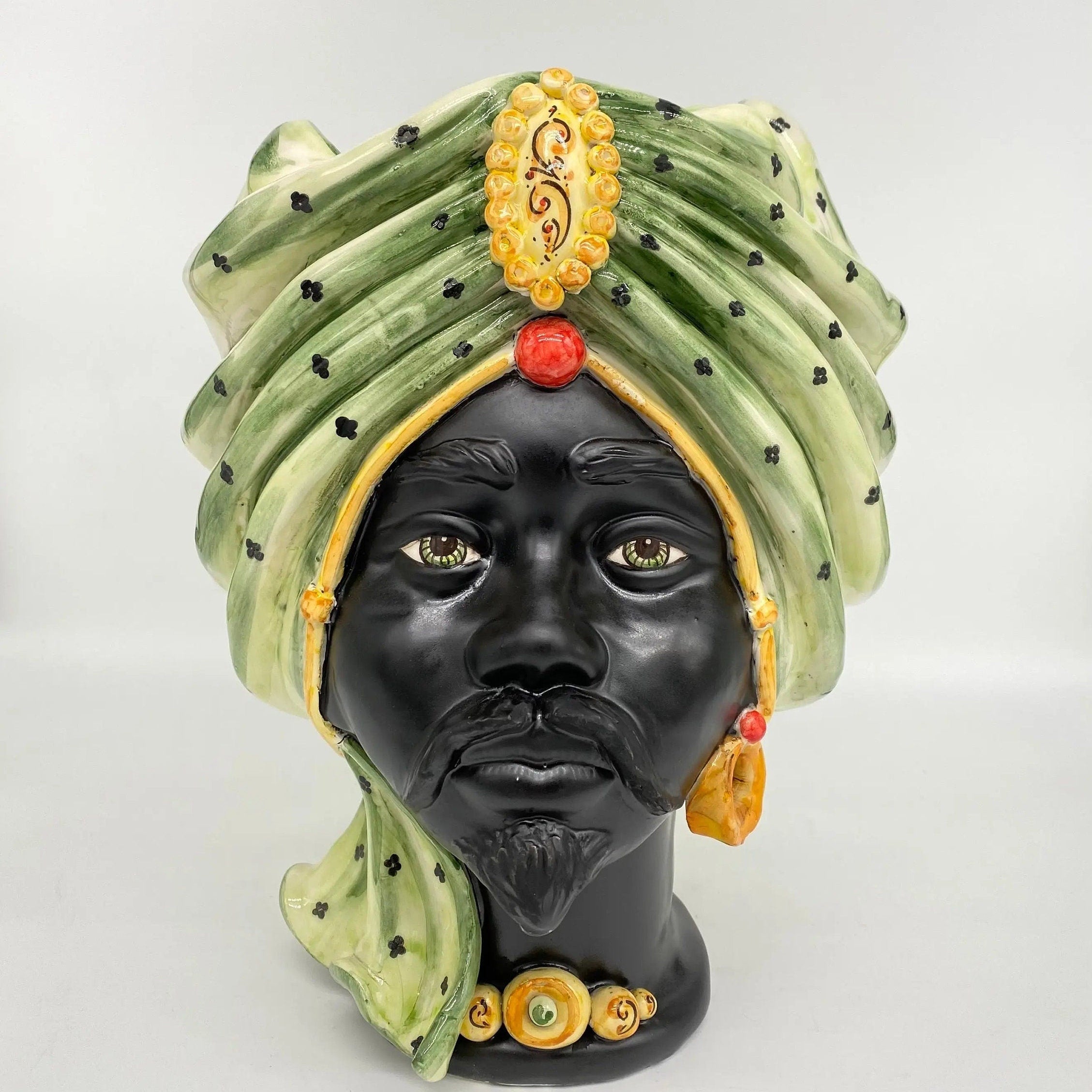 Teste di Moro Atena Ceramica Caltagirone cm H.30 L.23 Artigianale Verde Pois Nero Giallo DD CERAMICHE SICILIANE