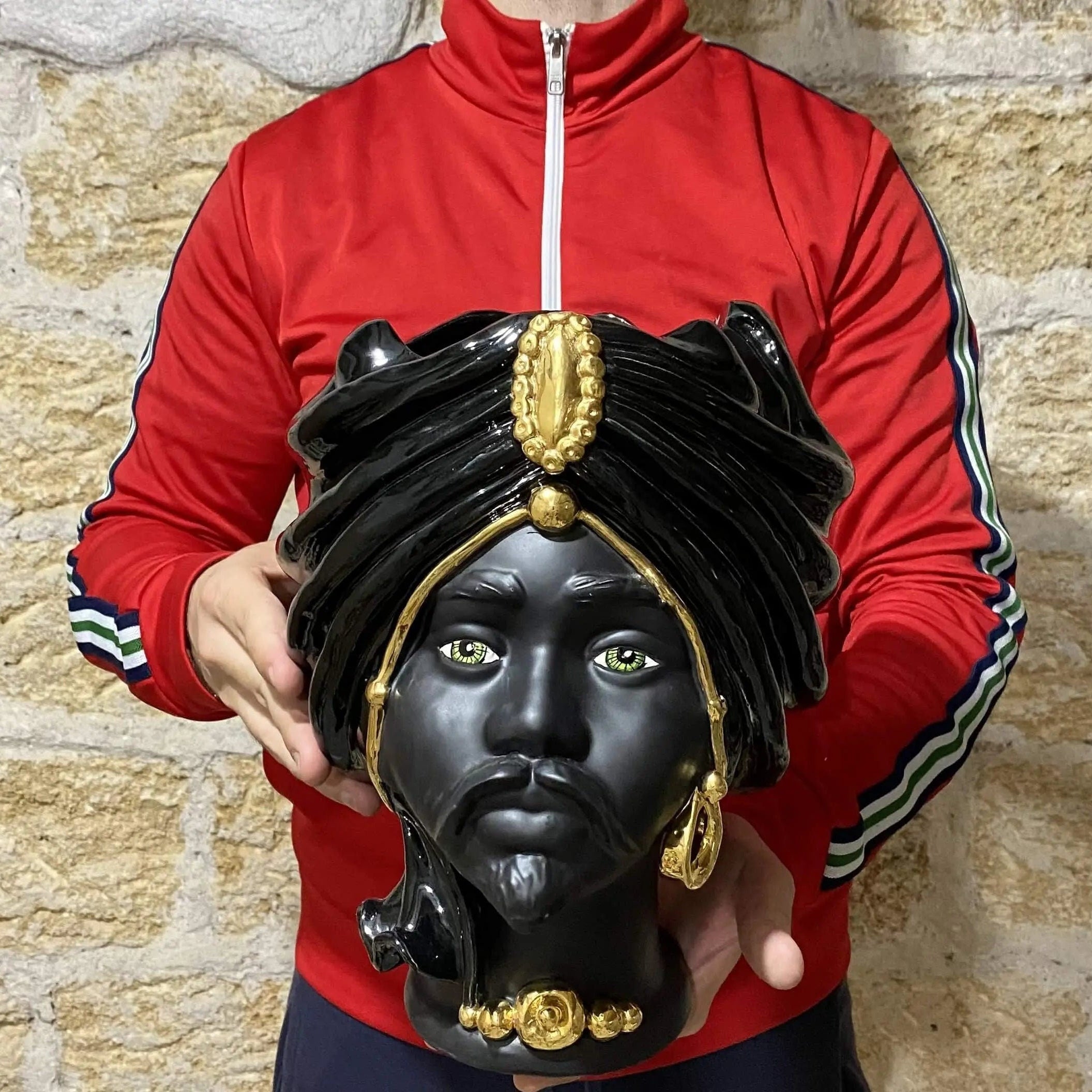 Teste di Moro Atena Ceramica Caltagirone cm H.30 L.23 Artigianale Nero Oro DD CERAMICHE SICILIANE
