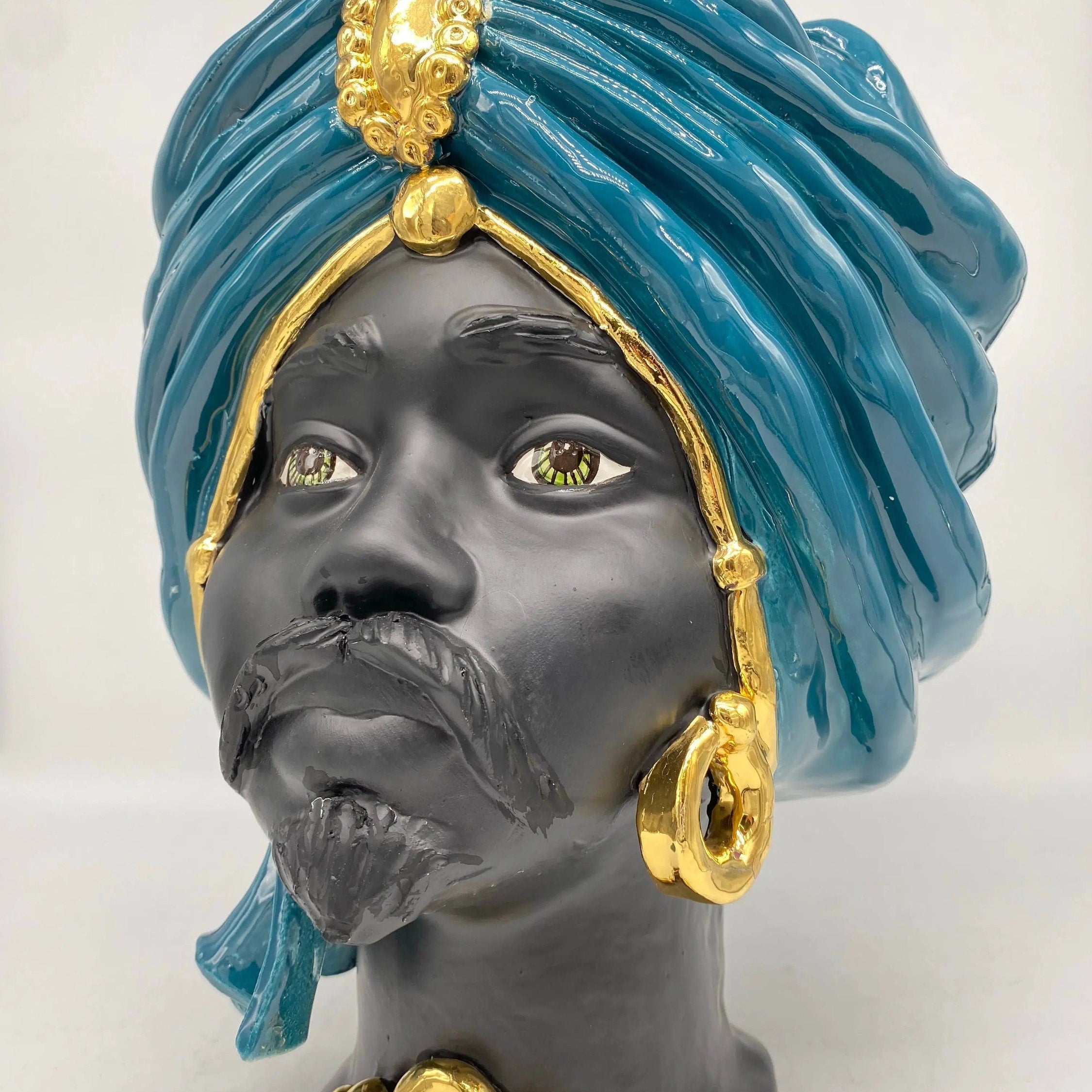 Teste di Moro Atena Ceramica Caltagirone cm H.30 L.23 Artigianale Verde Ottanio Nero Oro DD CERAMICHE SICILIANE