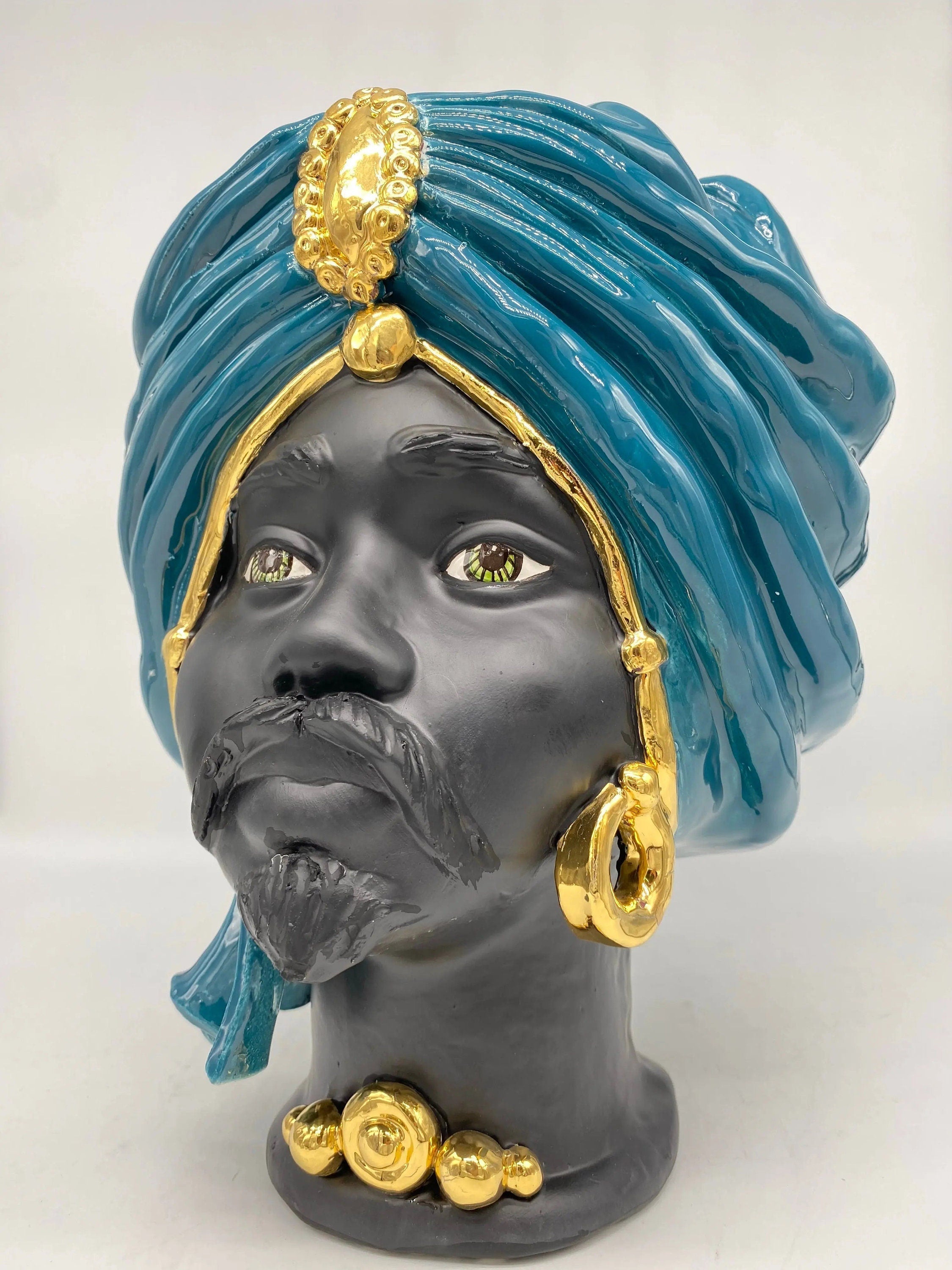 Teste di Moro Atena Ceramica Caltagirone cm H.30 L.23 Artigianale Verde Ottanio Nero Oro DD CERAMICHE SICILIANE