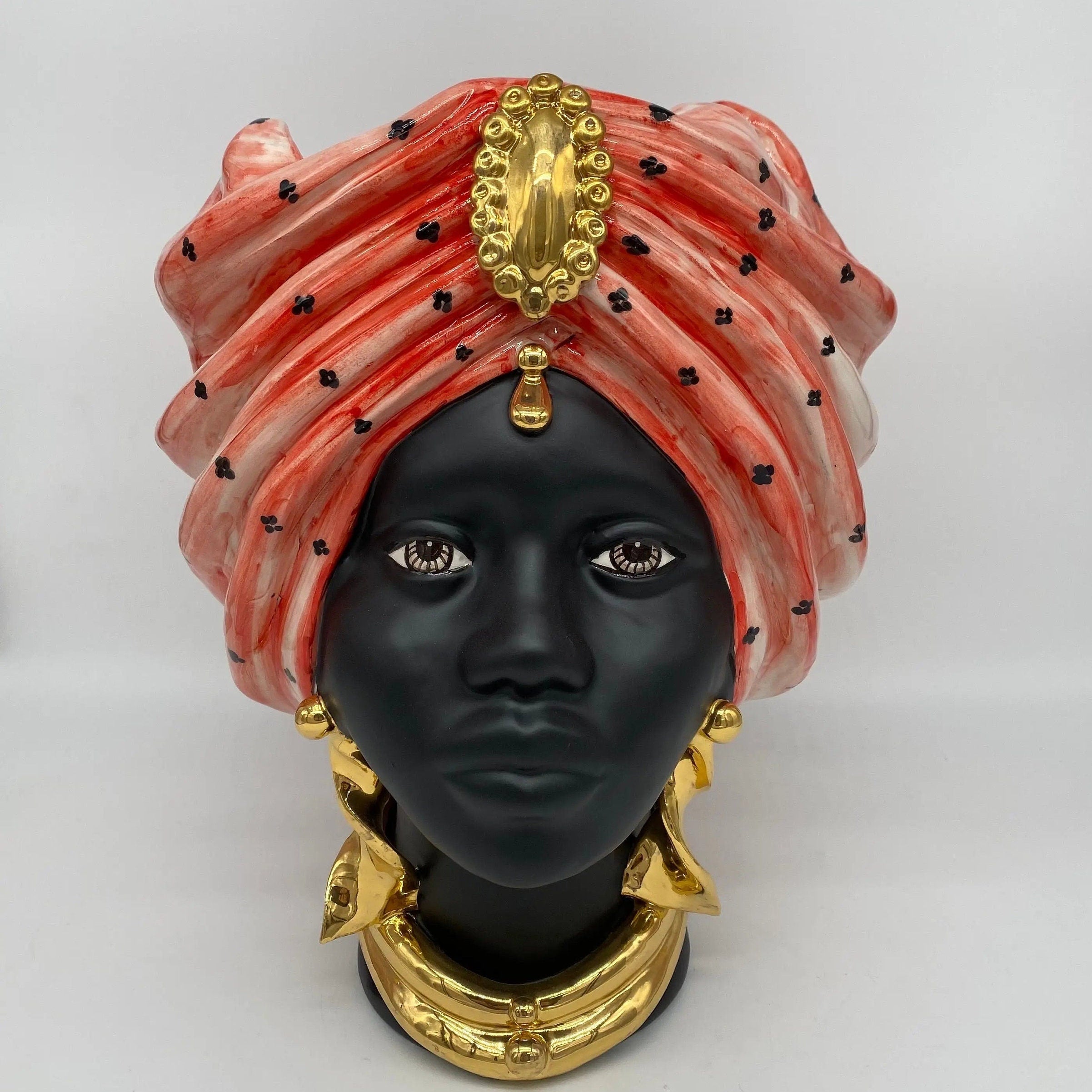 Teste di Moro Atena Ceramica Caltagirone cm H.30 L.23 Artigianale Rosso Pois Nero Oro DD CERAMICHE SICILIANE