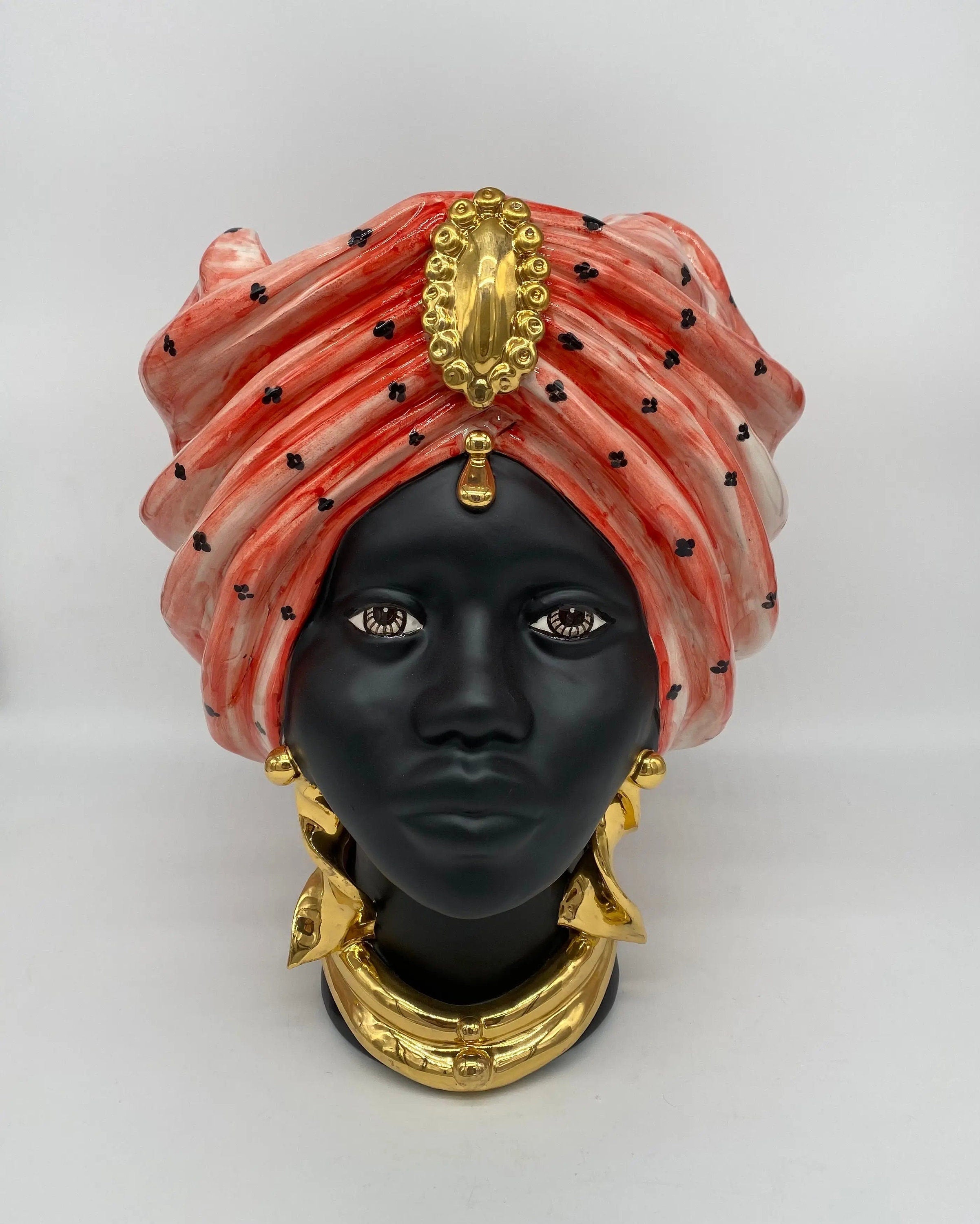 Teste di Moro Atena Ceramica Caltagirone cm H.30 L.23 Artigianale Rosso Pois Nero Oro DD CERAMICHE SICILIANE