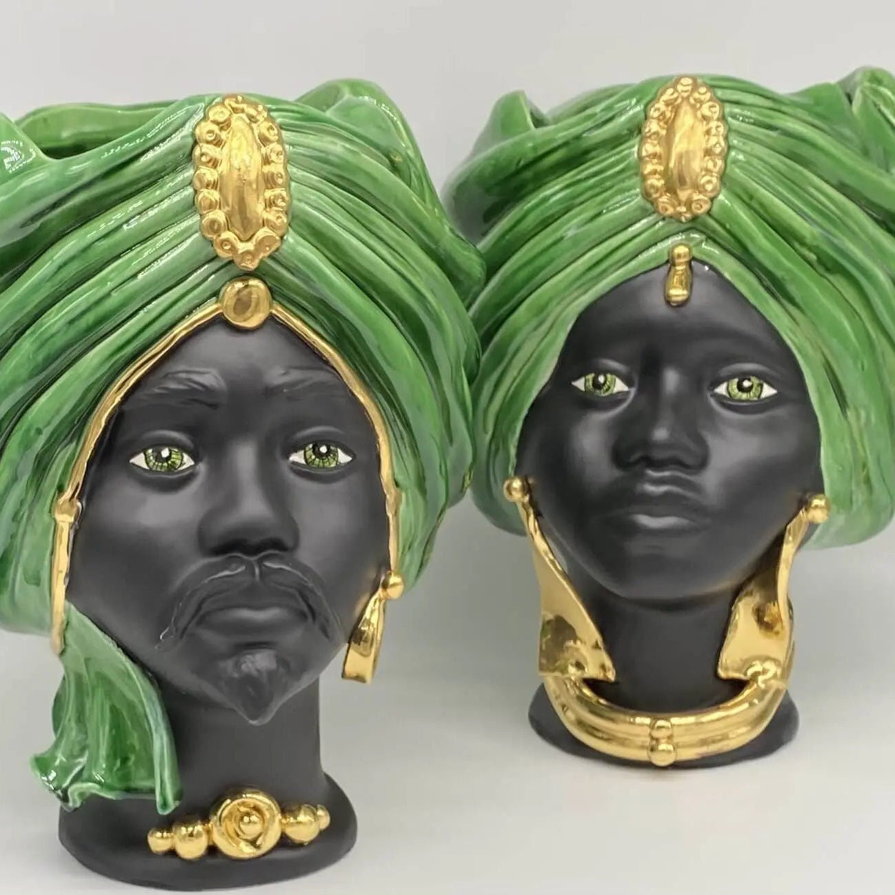 Teste di Moro Atena Ceramica Caltagirone cm H.30 L.23 Artigianale Verde Cristallo Nero Oro DD CERAMICHE SICILIANE