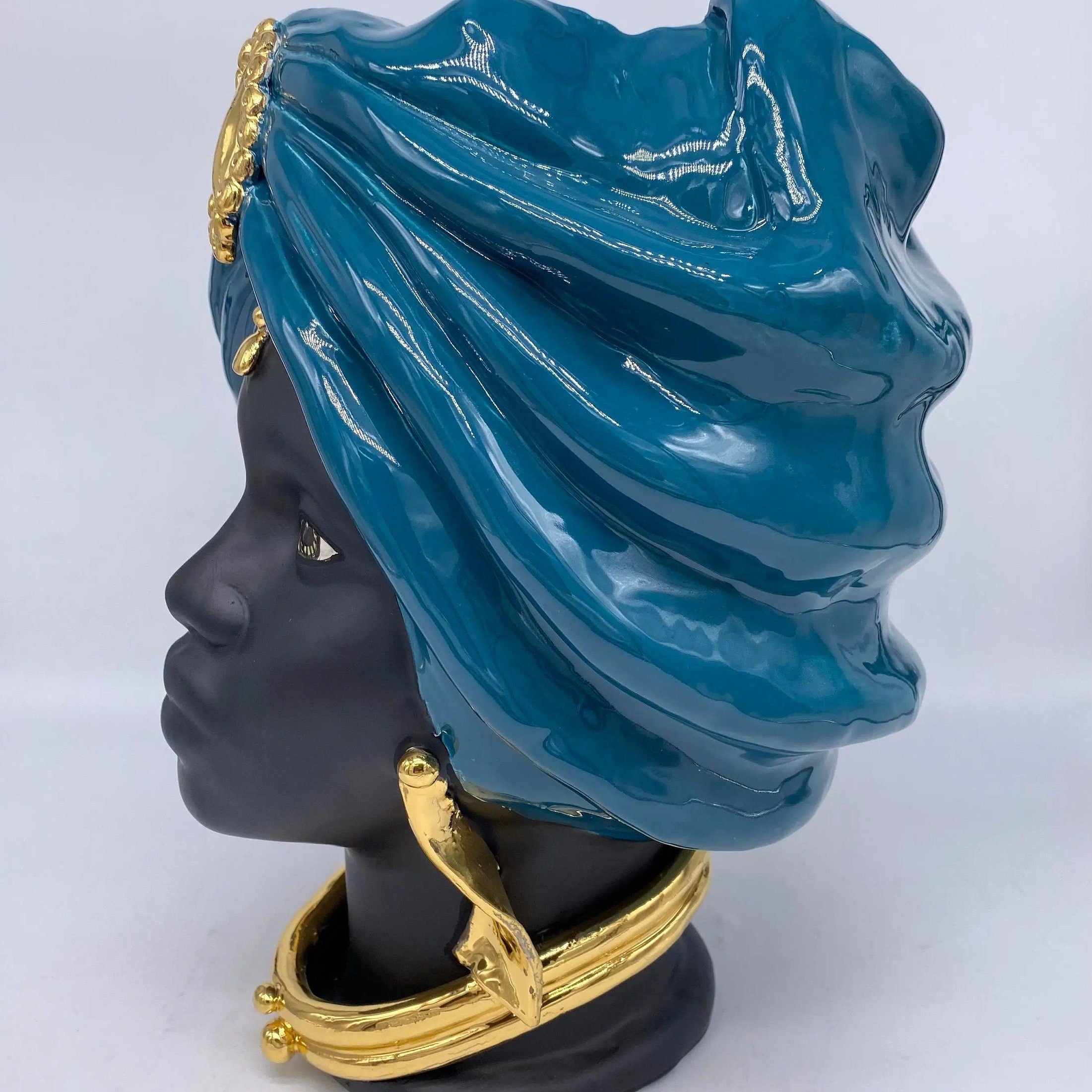 Teste di Moro Atena Ceramica Caltagirone cm H.30 L.23 Artigianale Verde Ottanio Nero Oro DD CERAMICHE SICILIANE