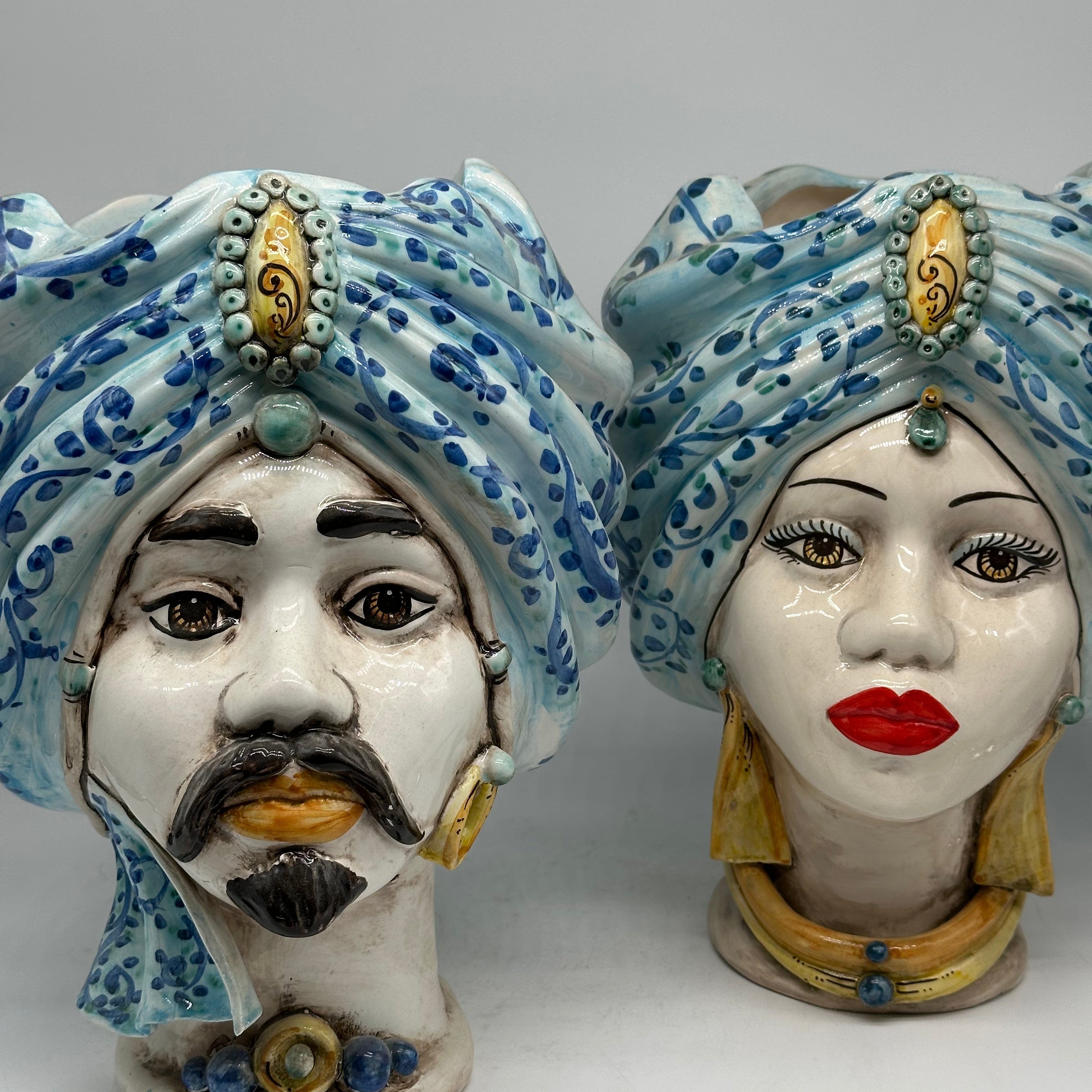 Teste di Moro Atena Ceramica Caltagirone cm H.30 L.23 Artigianale Celeste Barocco - TESTA DI MORO