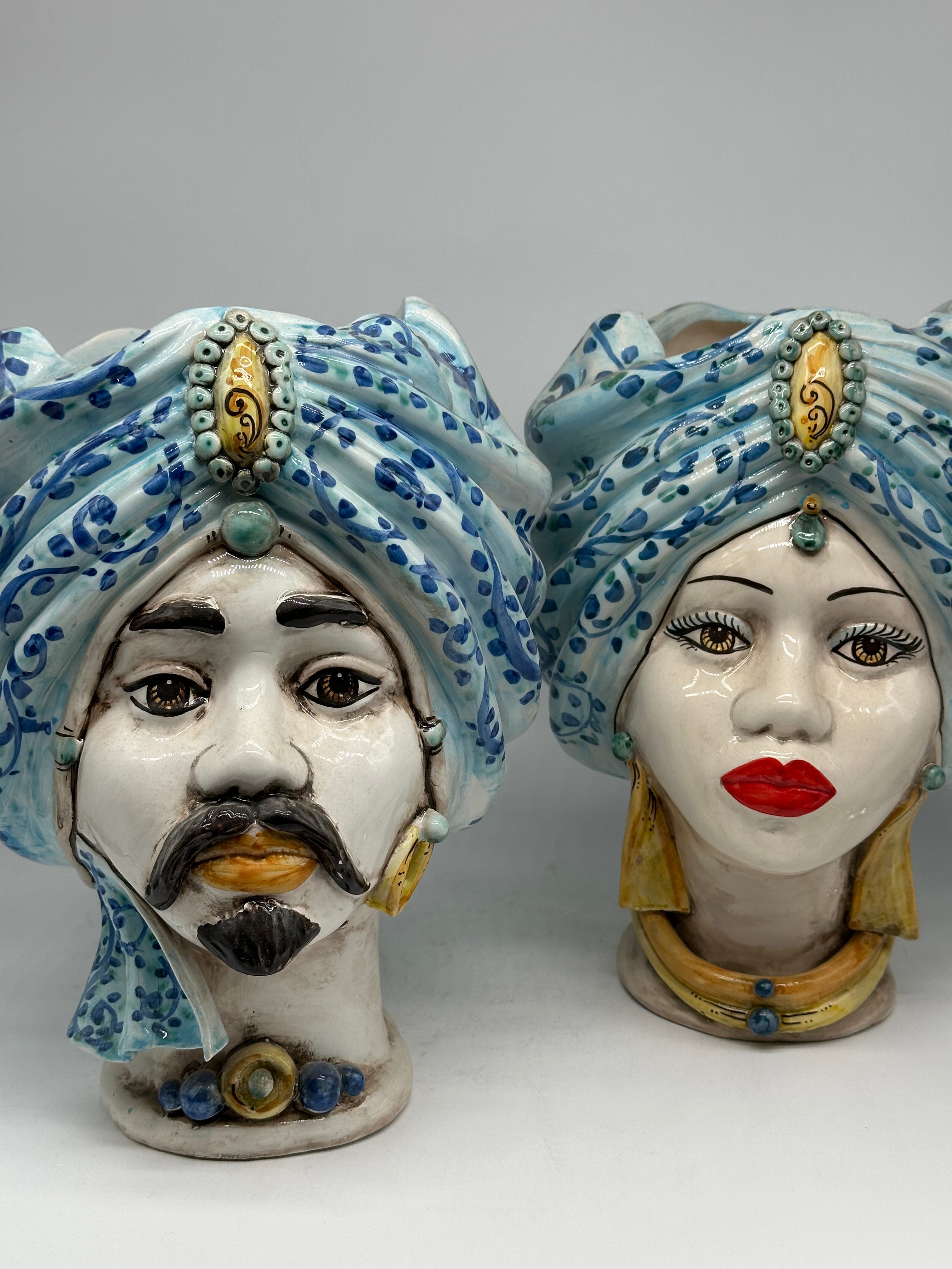 Teste di Moro Atena Ceramica Caltagirone cm H.30 L.23 Artigianale Celeste Barocco - TESTA DI MORO