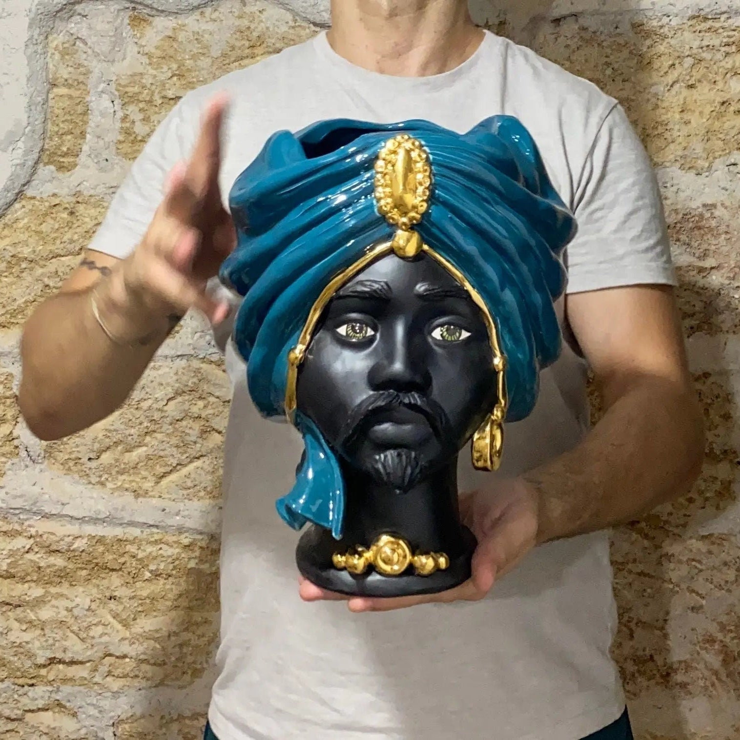 Teste di Moro Atena Ceramica Caltagirone cm H.30 L.23 Artigianale Verde Ottanio Nero Oro DD CERAMICHE SICILIANE