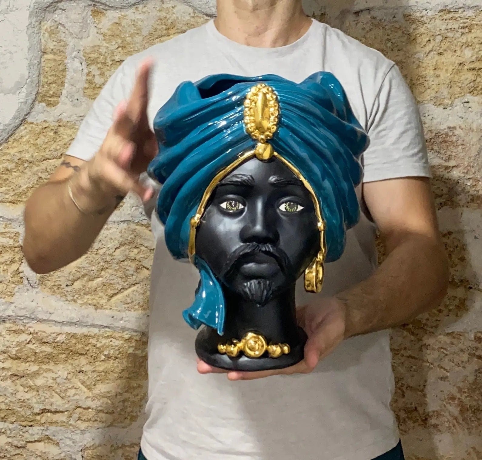 Teste di Moro Atena Ceramica Caltagirone cm H.30 L.23 Artigianale Verde Ottanio Nero Oro DD CERAMICHE SICILIANE