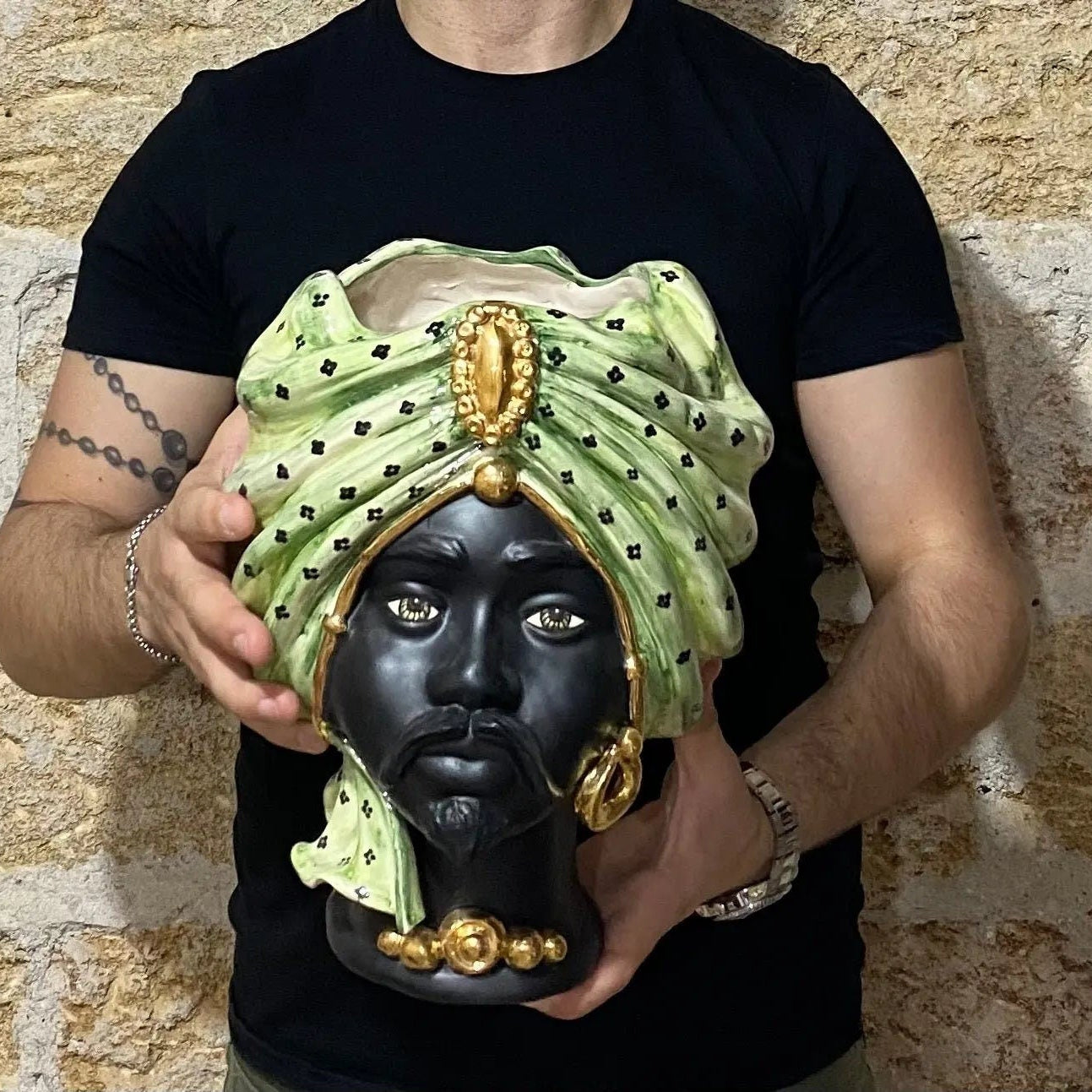 Teste di Moro Atena Ceramica Caltagirone cm H.30 L.23 Artigianale Verde Pois Nero Oro DD CERAMICHE SICILIANE