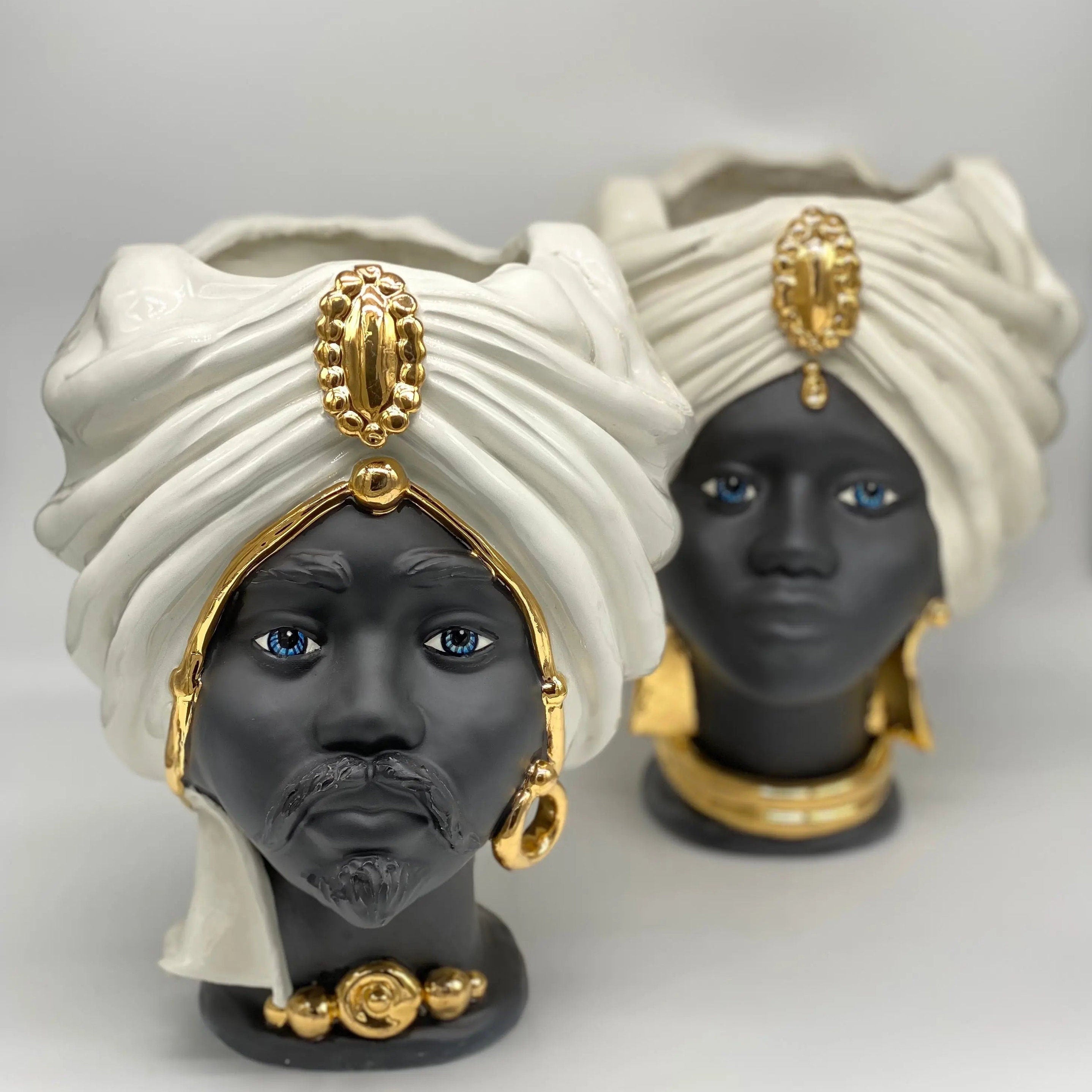 Teste di Moro Atena Ceramica Caltagirone cm H.30 L.23 Artigianale Bianco Nero Oro DD CERAMICHE SICILIANE