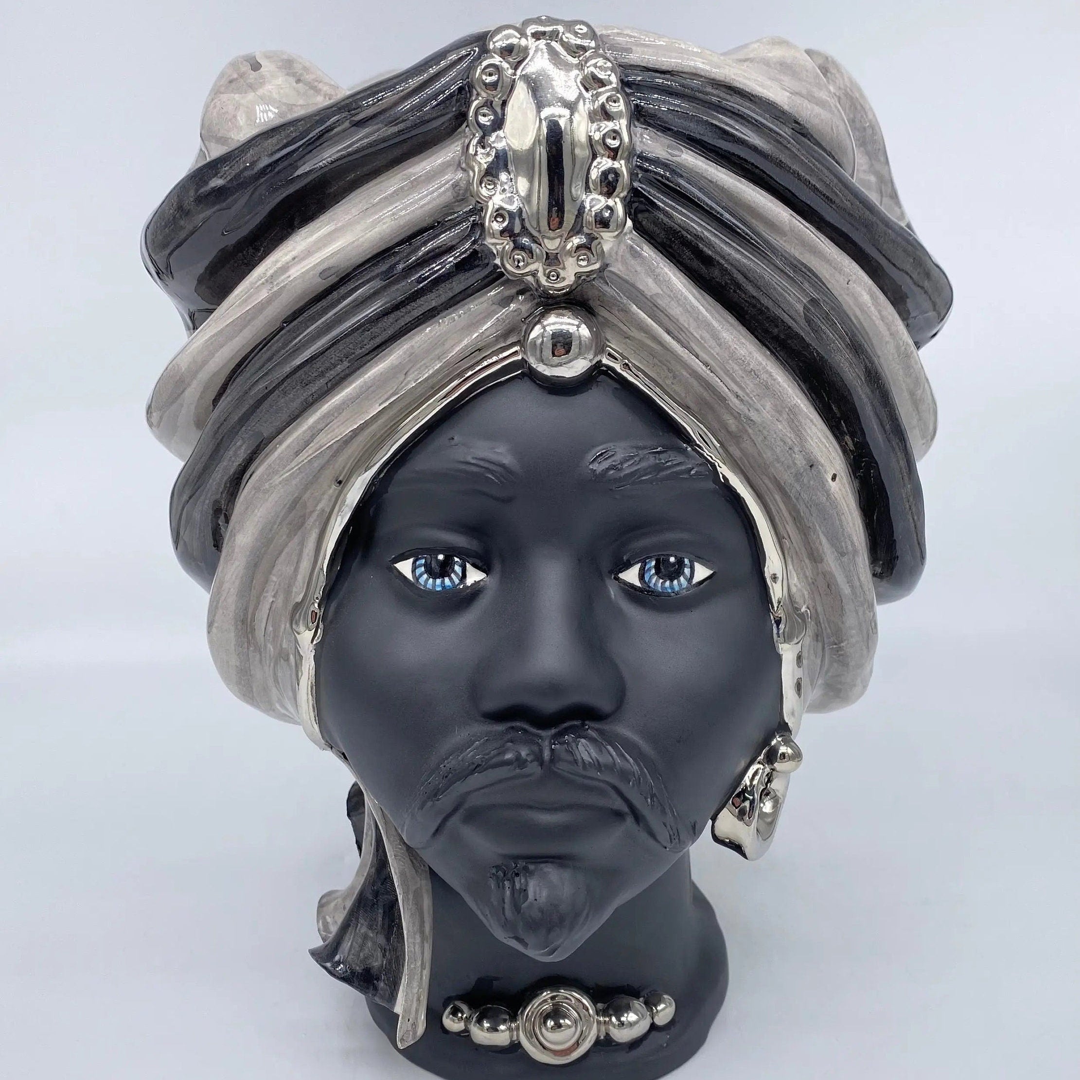 Teste di Moro Atena Ceramica Caltagirone cm H.30 L.23 Artigianale Grigio Nero Platino DD CERAMICHE SICILIANE