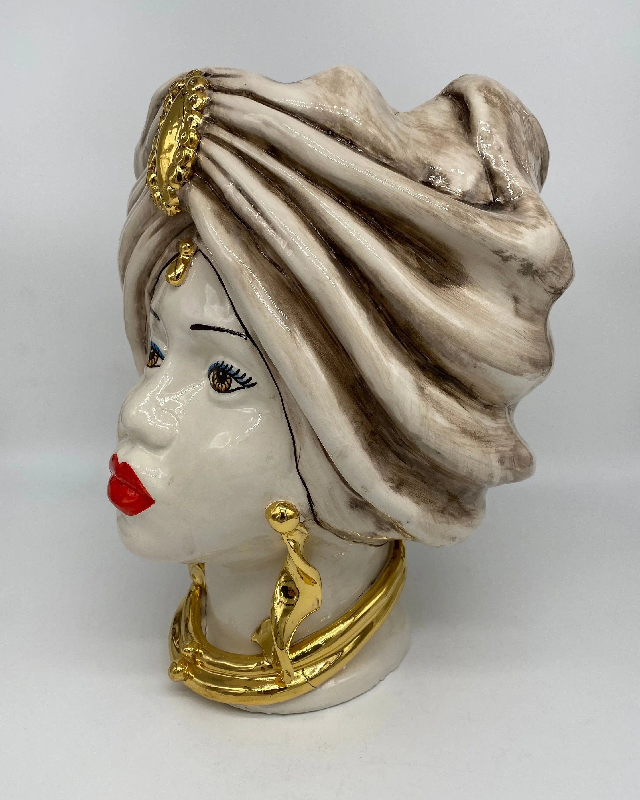 Teste di Moro Atena Ceramica Caltagirone cm H.30 L.23 Artigianale Écru Beige Oro DD CERAMICHE SICILIANE